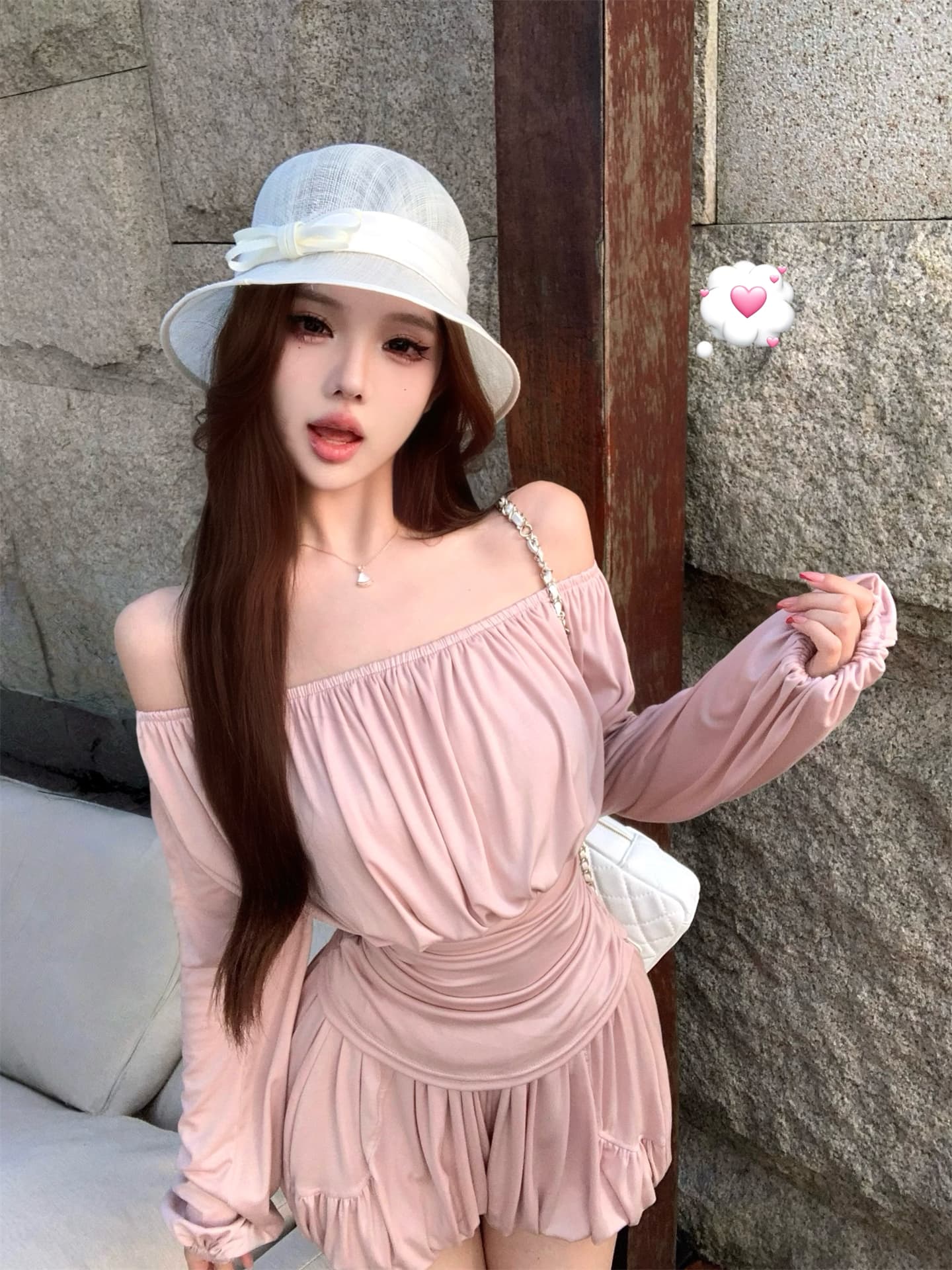 실사 이른 가을 우유 피부 세트 맨위 오프숄더 티셔츠 반바지 투피스 세트 상세 이미지 7