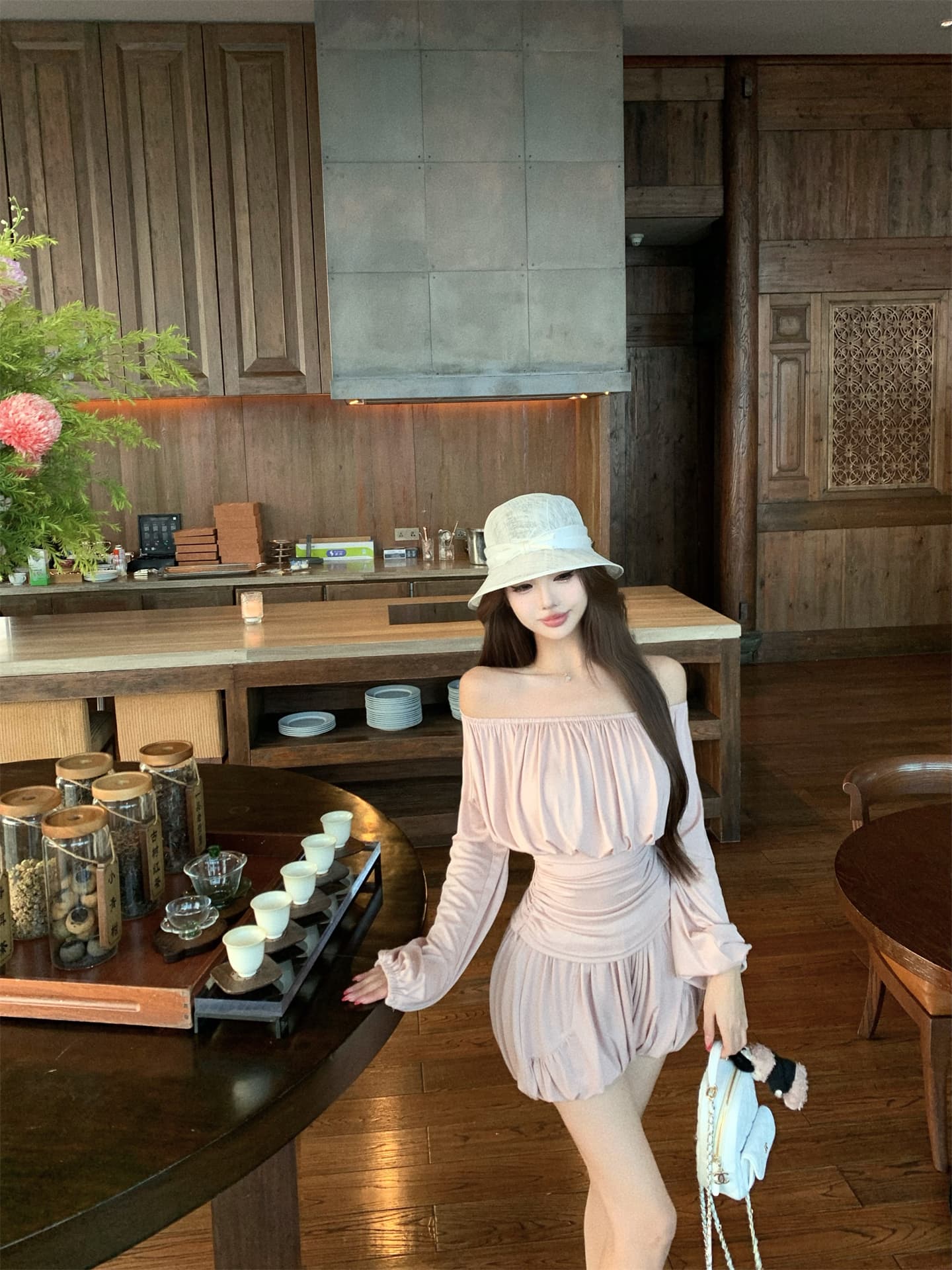 실사 이른 가을 우유 피부 세트 맨위 오프숄더 티셔츠 반바지 투피스 세트 상세 이미지 12