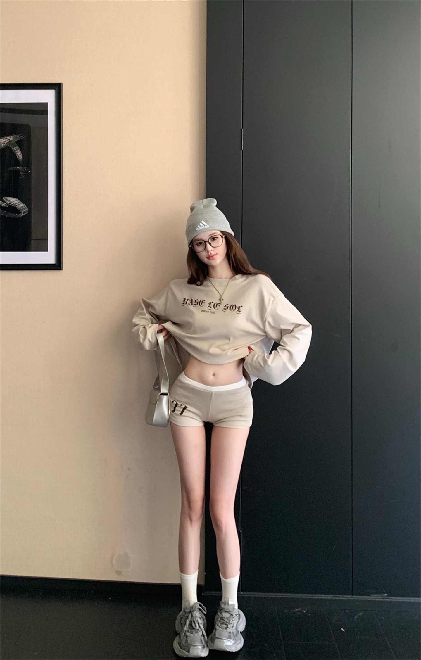 실사 이른 가을 새로운 아메리칸 느긋한 느슨함 긴팔 티셔츠 반바지 캐주얼 세트 이미지 4