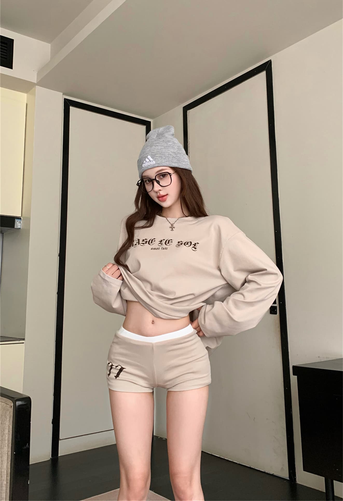 실사 이른 가을 새로운 아메리칸 느긋한 느슨함 긴팔 티셔츠 반바지 캐주얼 세트 이미지 3