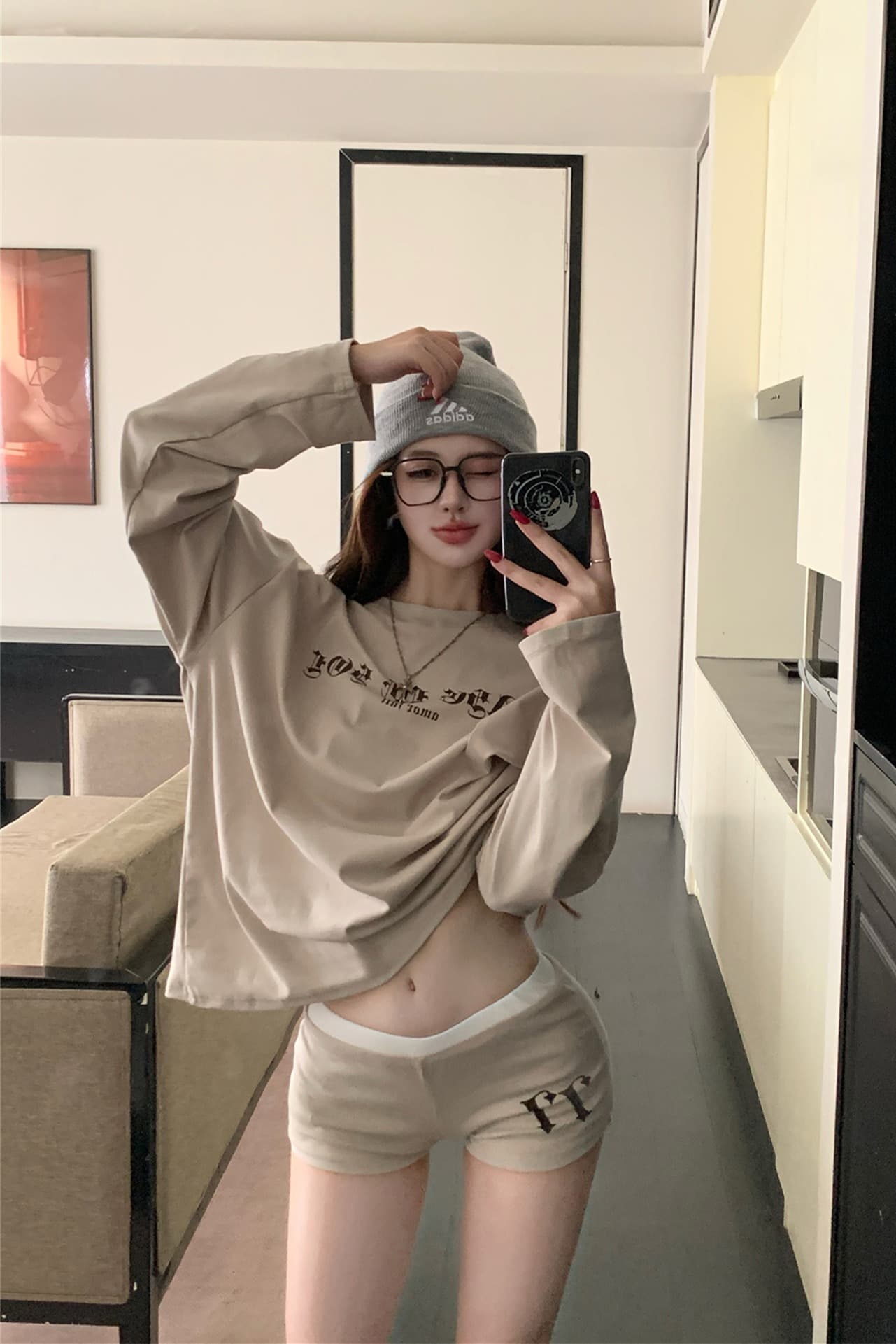 실사 이른 가을 새로운 아메리칸 느긋한 느슨함 긴팔 티셔츠 반바지 캐주얼 세트 이미지 6
