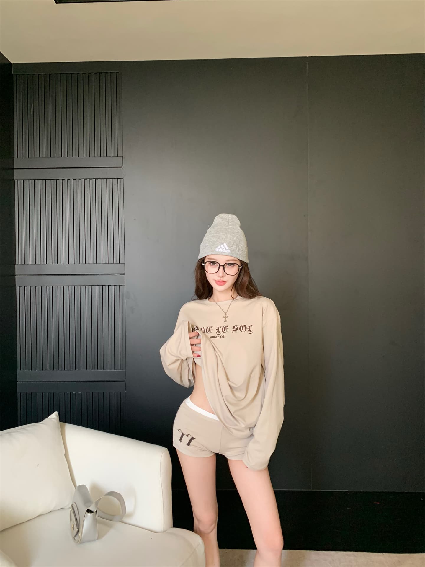 실사 이른 가을 새로운 아메리칸 느긋한 느슨함 긴팔 티셔츠 반바지 캐주얼 세트 상세 이미지 15
