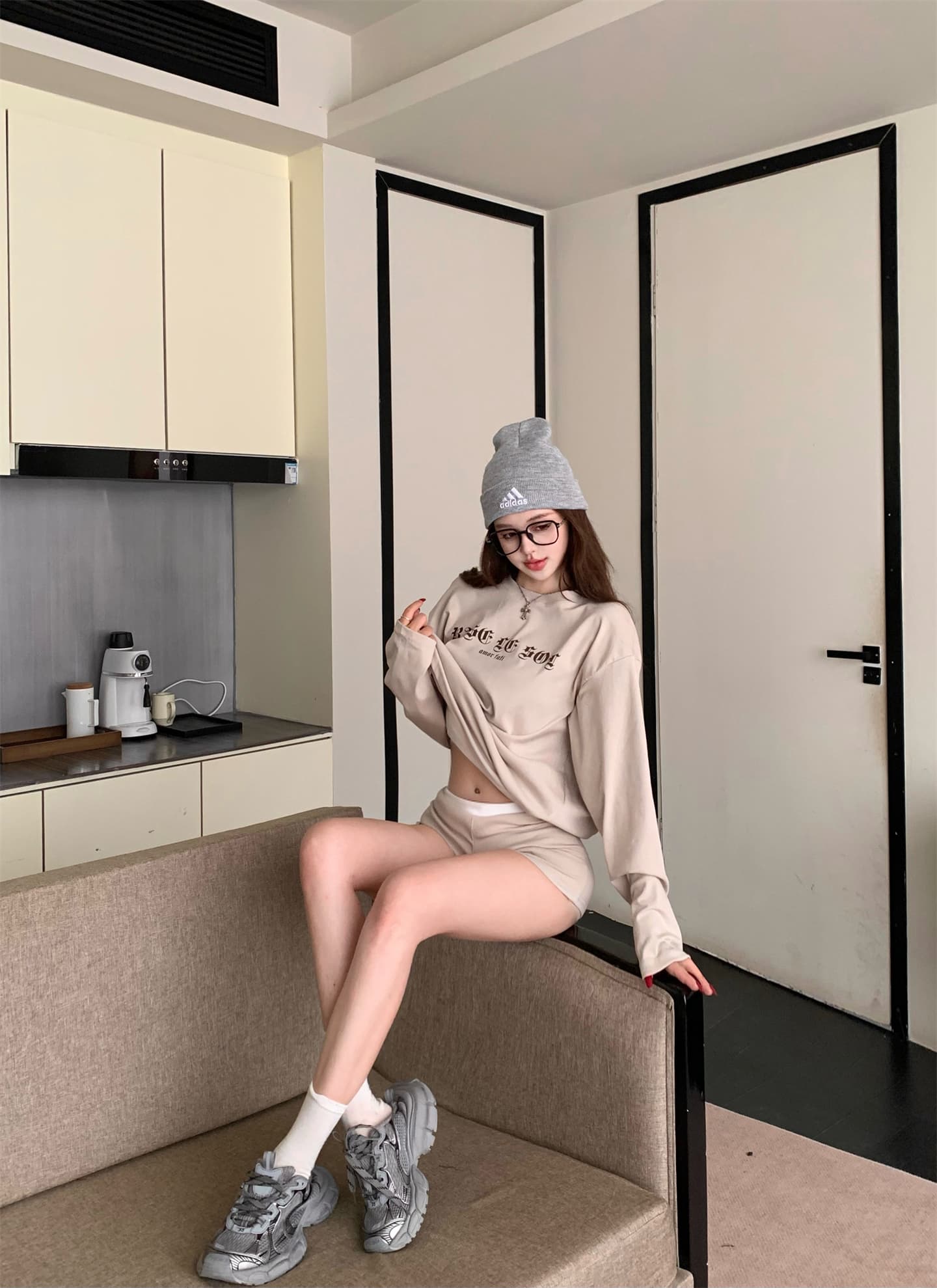 실사 이른 가을 새로운 아메리칸 느긋한 느슨함 긴팔 티셔츠 반바지 캐주얼 세트 상세 이미지 16
