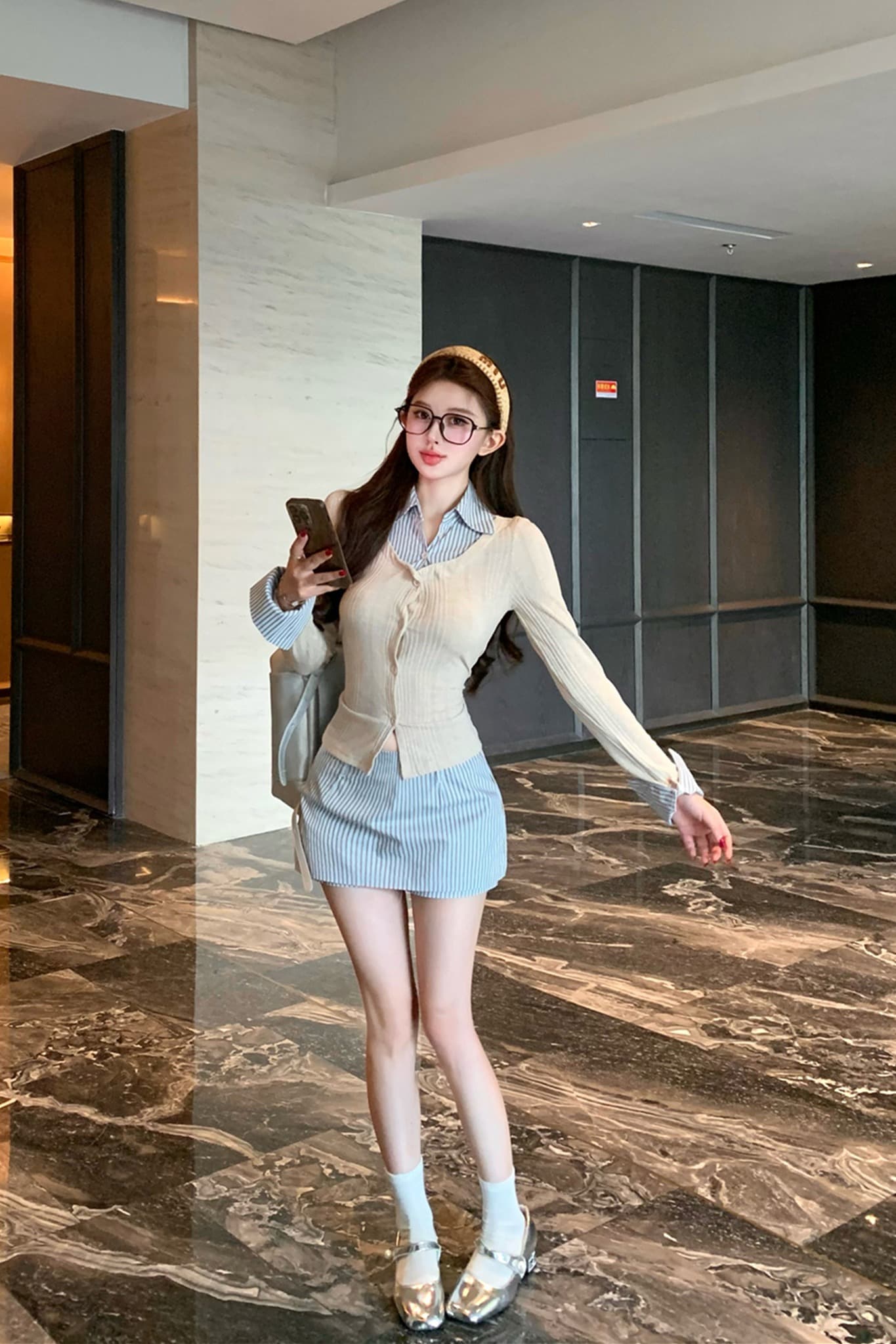 실사 이른 가을 새로운 페이크 레이어드 셔츠 맨위 여성 코디 스트라이프 반신 치마바지 전체 집합 한 부서 착용 가져 가라. 이미지 6