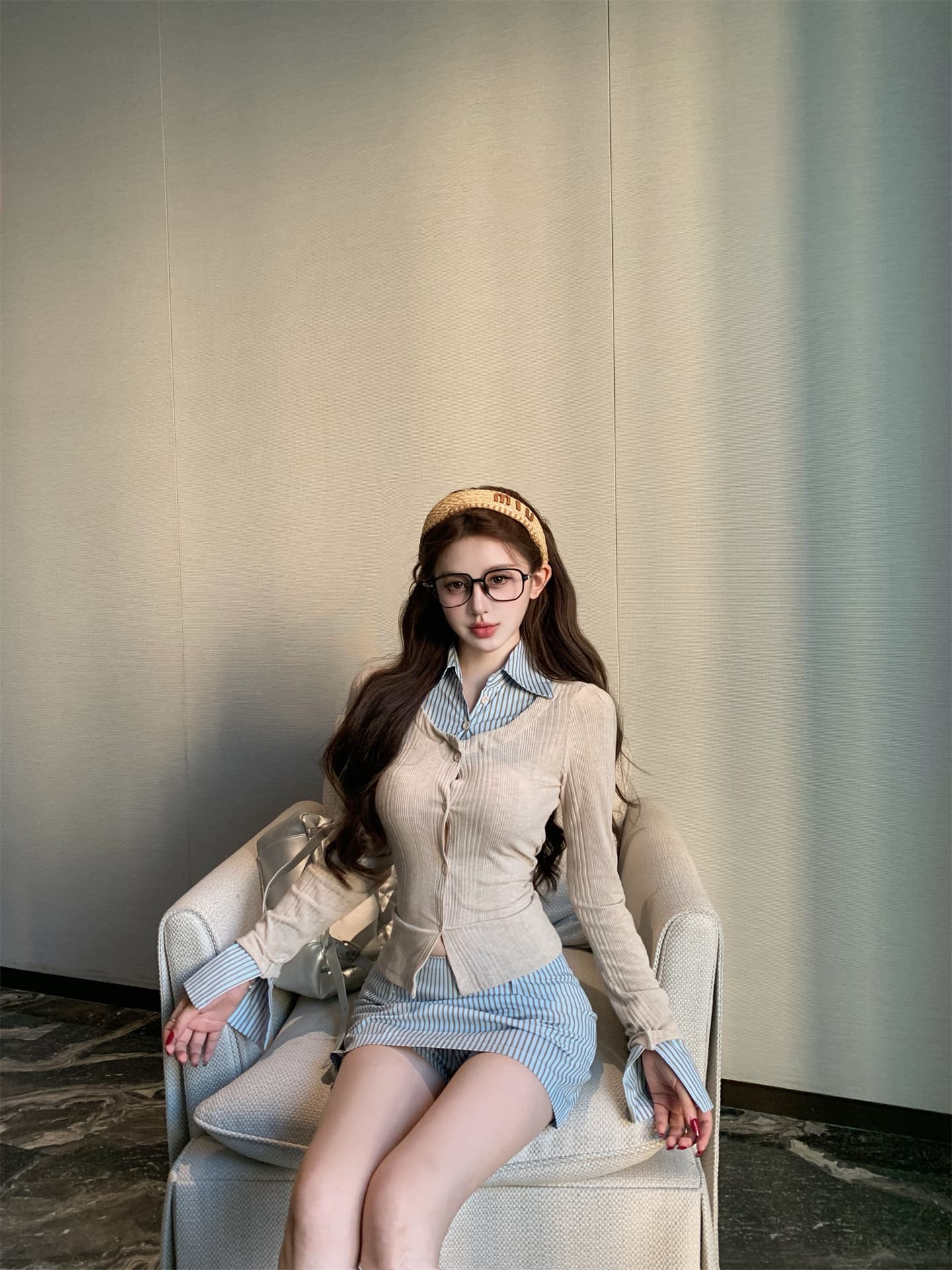 실사 이른 가을 새로운 페이크 레이어드 셔츠 맨위 여성 코디 스트라이프 반신 치마바지 전체 집합 한 부서 착용 가져 가라. 상세 이미지 5