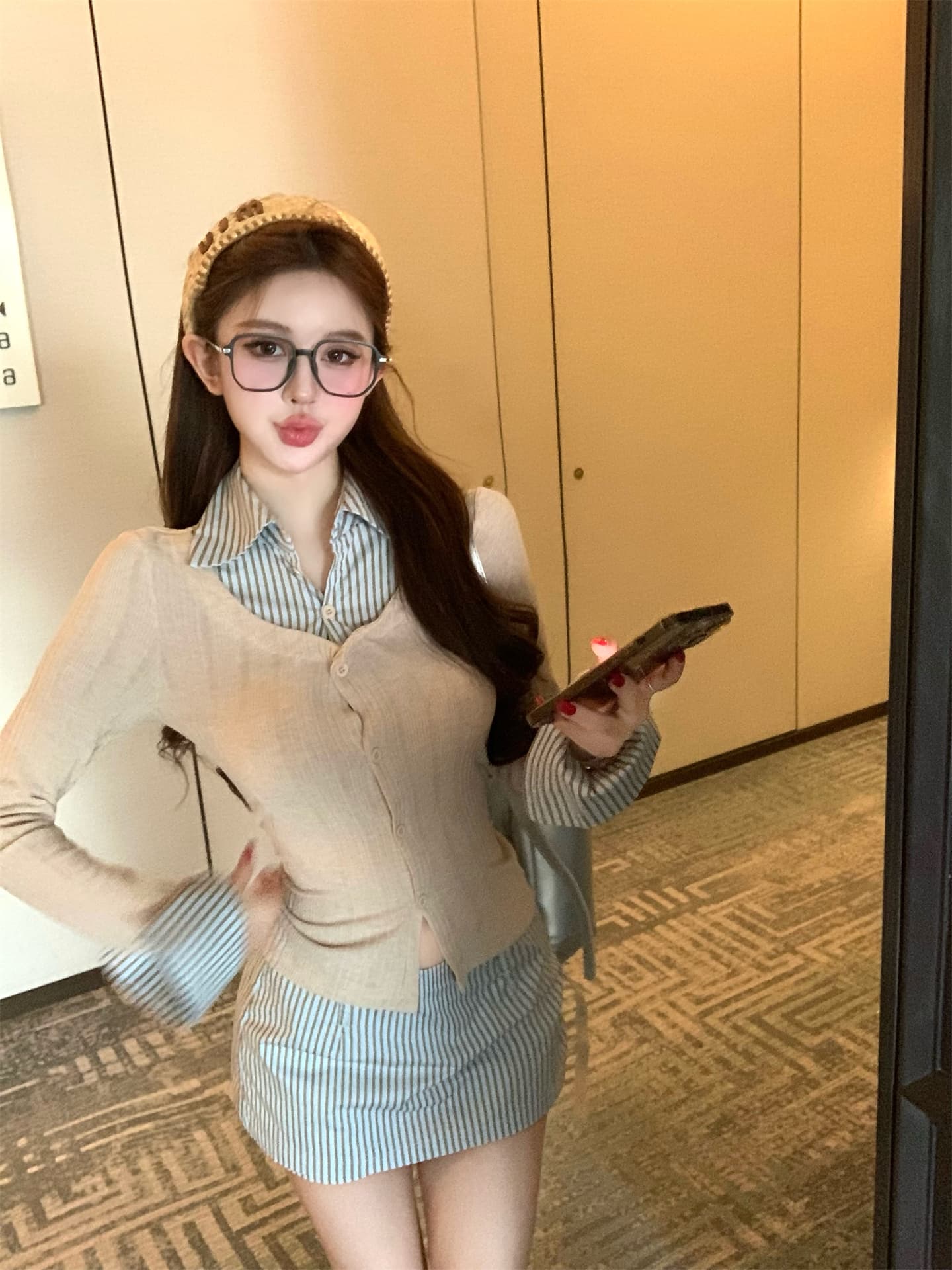 실사 이른 가을 새로운 페이크 레이어드 셔츠 맨위 여성 코디 스트라이프 반신 치마바지 전체 집합 한 부서 착용 가져 가라. 상세 이미지 6