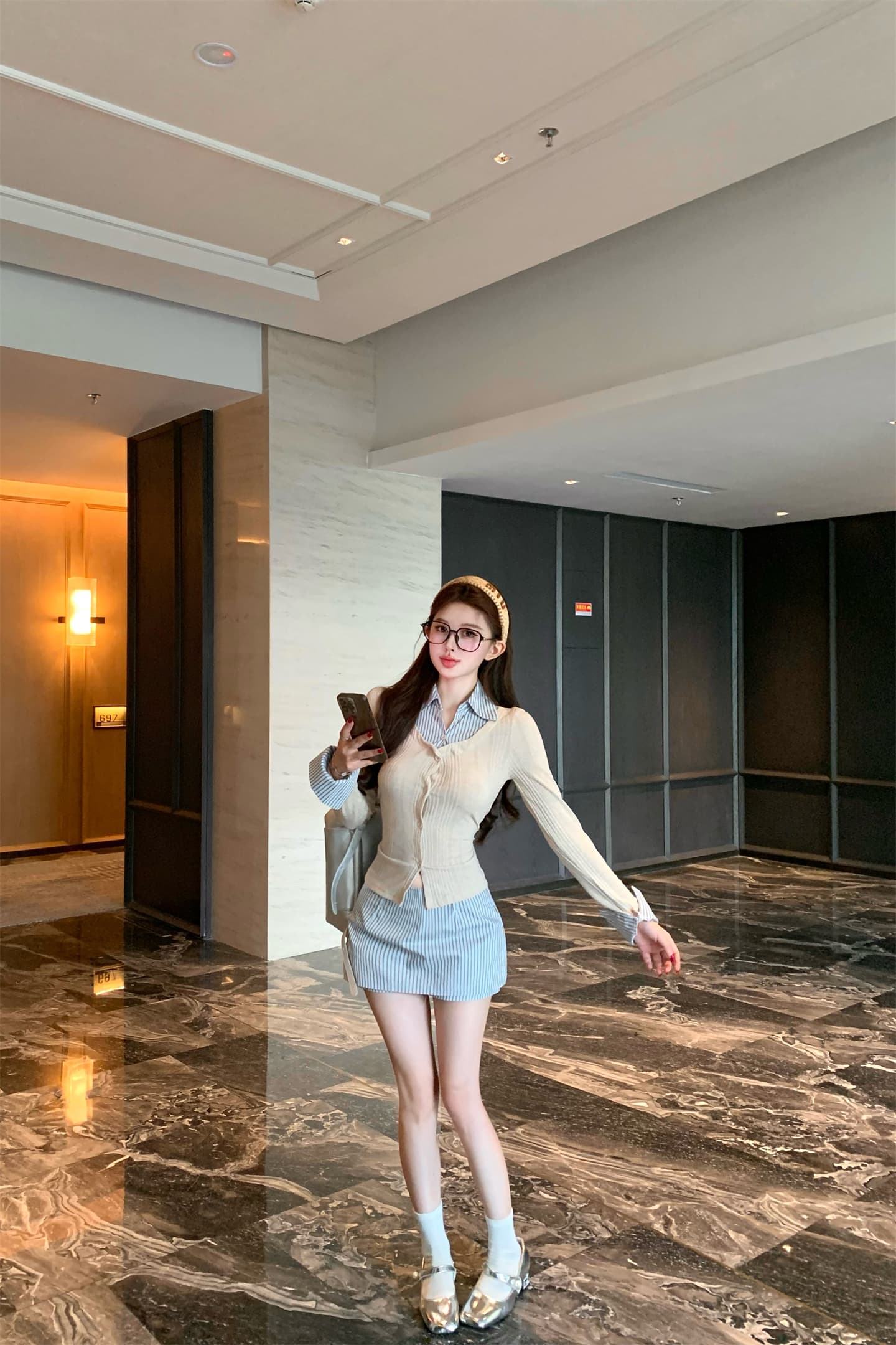 실사 이른 가을 새로운 페이크 레이어드 셔츠 맨위 여성 코디 스트라이프 반신 치마바지 전체 집합 한 부서 착용 가져 가라. 상세 이미지 13