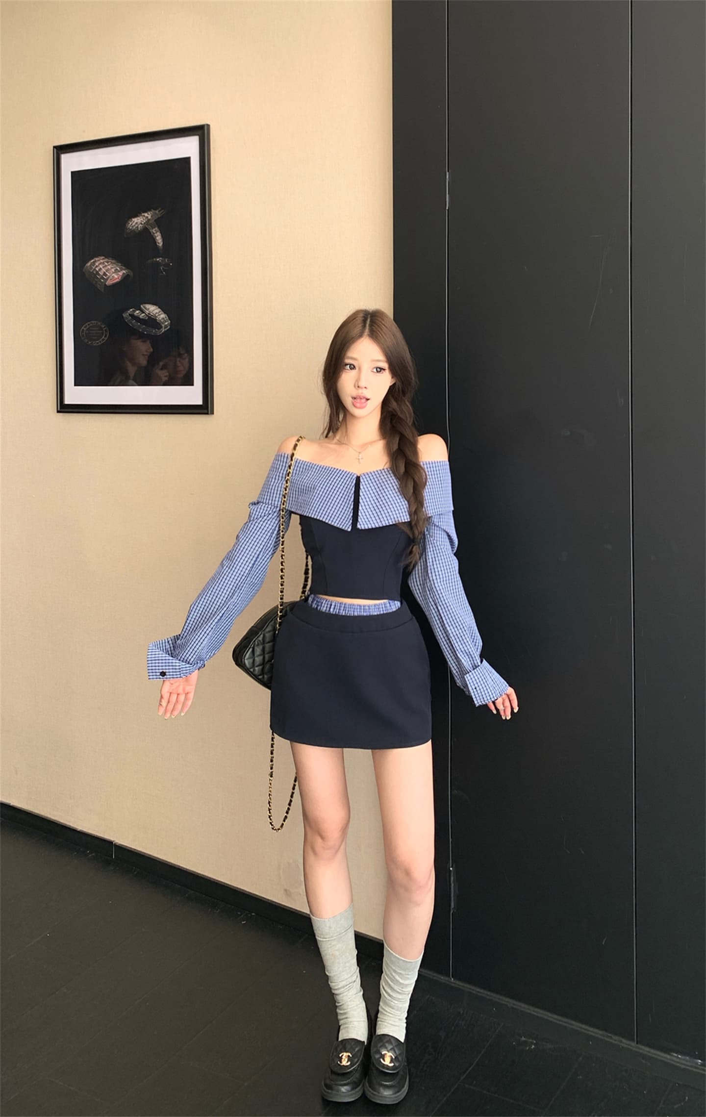 실사 이른 가을 패치워크 체크무늬 긴팔 여성 셔츠 디자인 센스 작은 대중 레트로 셔츠 오프숄더 맨위
