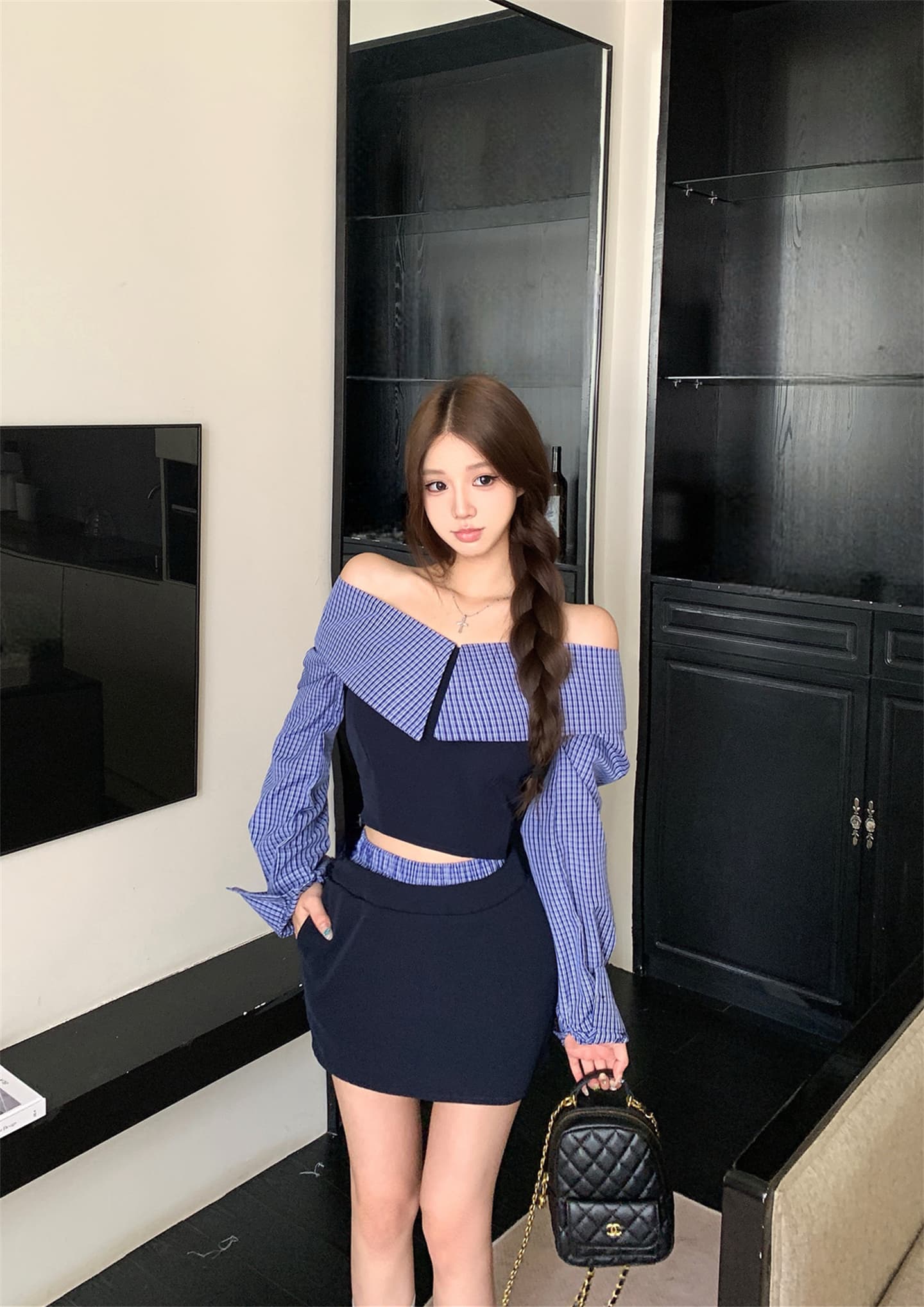 실사 이른 가을 패치워크 체크무늬 긴팔 여성 셔츠 디자인 센스 작은 대중 레트로 셔츠 오프숄더 맨위 이미지 2