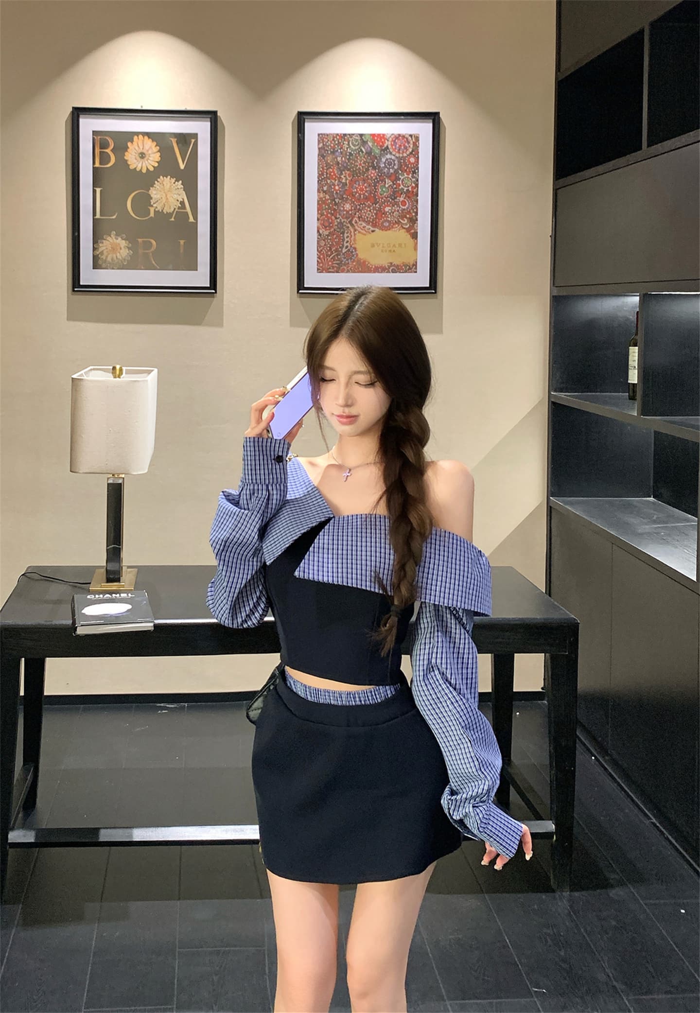 실사 이른 가을 패치워크 체크무늬 긴팔 여성 셔츠 디자인 센스 작은 대중 레트로 셔츠 오프숄더 맨위 이미지 4