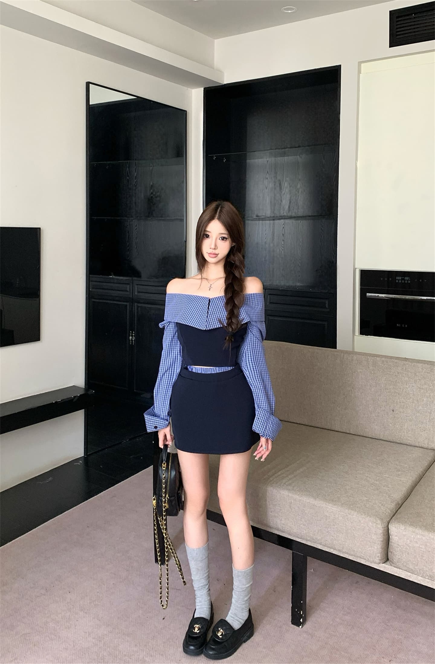 실사 이른 가을 패치워크 체크무늬 긴팔 여성 셔츠 디자인 센스 작은 대중 레트로 셔츠 오프숄더 맨위 이미지 3