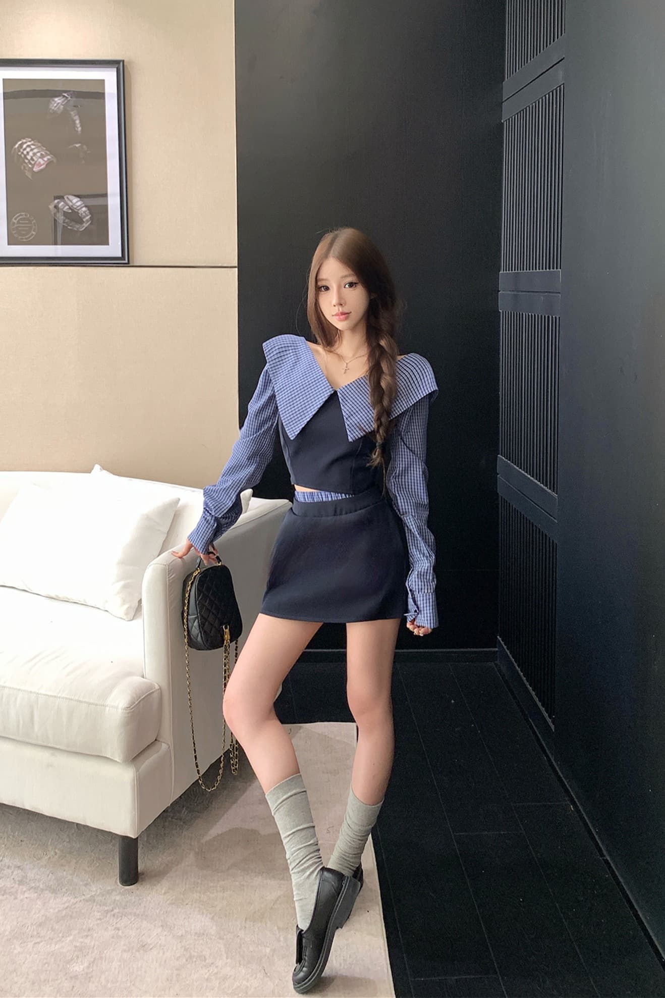 실사 이른 가을 패치워크 체크무늬 긴팔 여성 셔츠 디자인 센스 작은 대중 레트로 셔츠 오프숄더 맨위 이미지 6