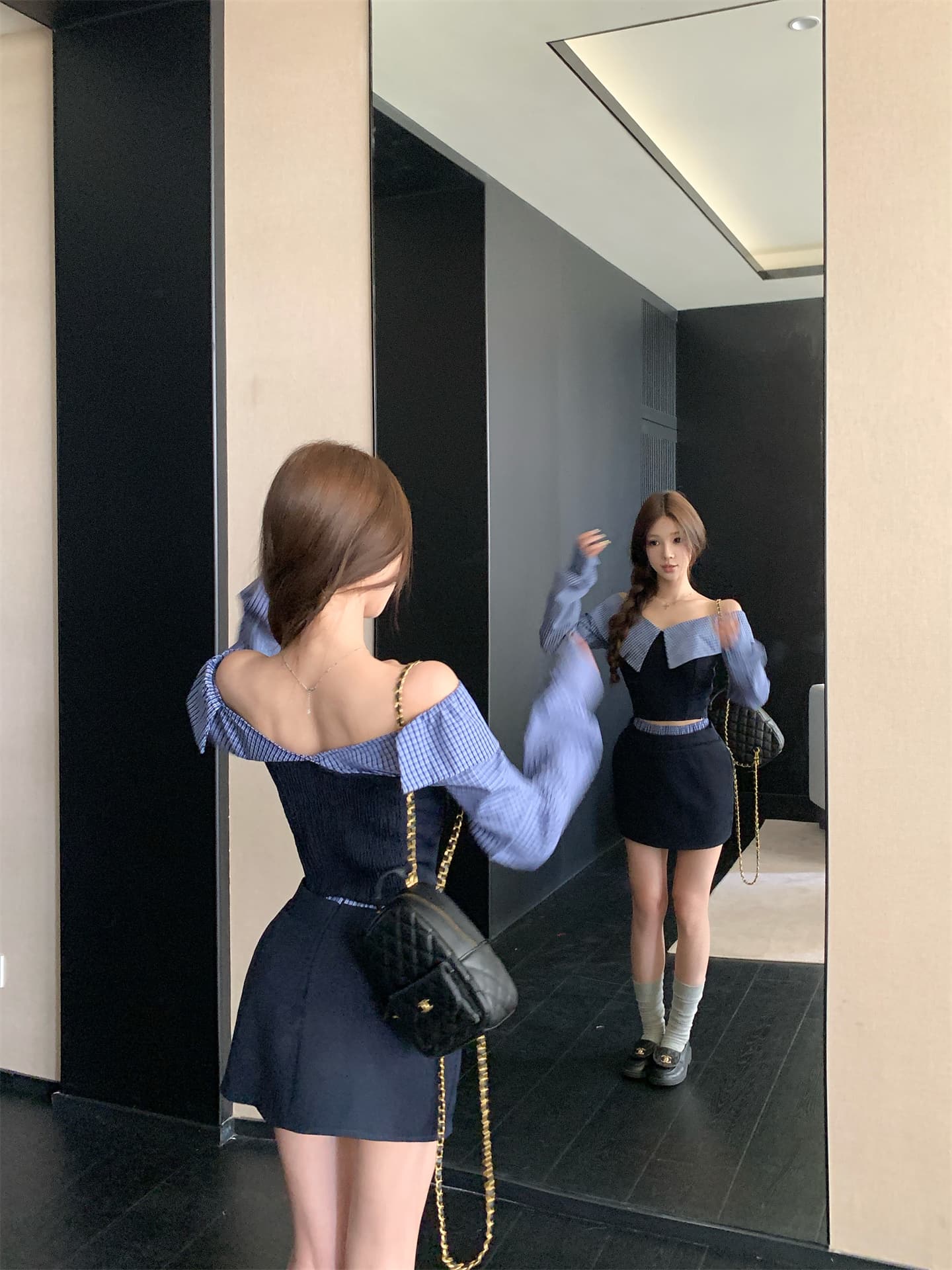 실사 이른 가을 패치워크 체크무늬 긴팔 여성 셔츠 디자인 센스 작은 대중 레트로 셔츠 오프숄더 맨위 상세 이미지 5