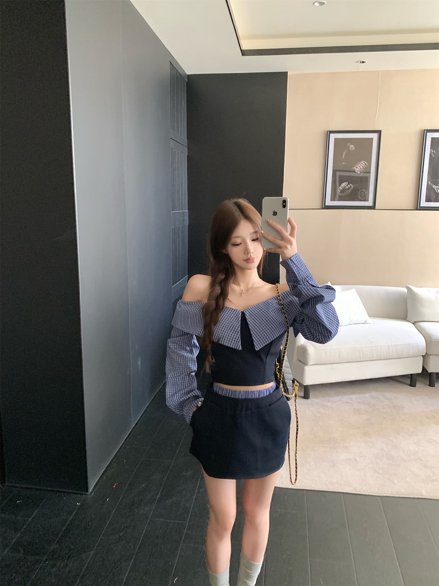 실사 이른 가을 패치워크 체크무늬 긴팔 여성 셔츠 디자인 센스 작은 대중 레트로 셔츠 오프숄더 맨위 상세 이미지 6