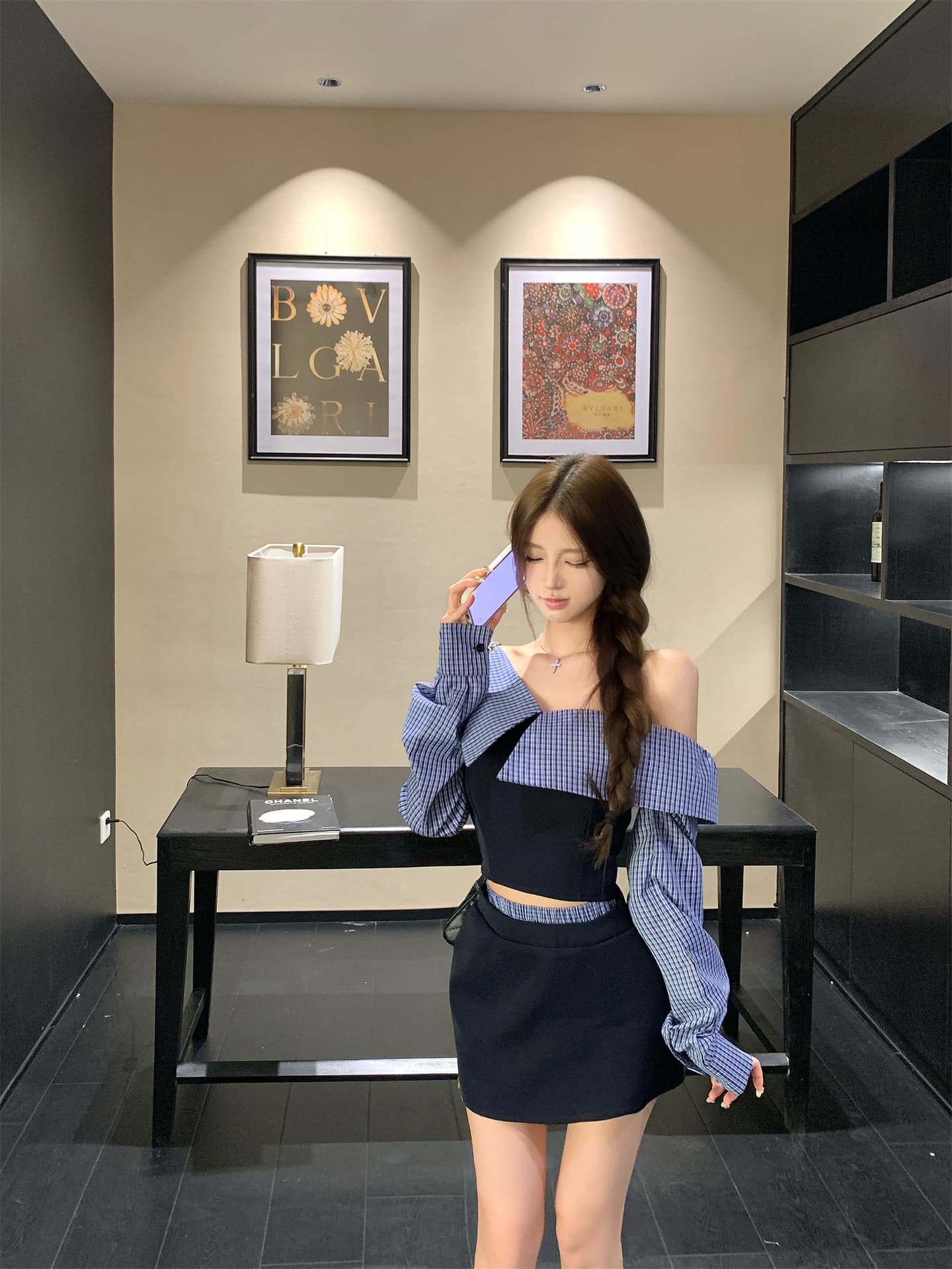실사 이른 가을 패치워크 체크무늬 긴팔 여성 셔츠 디자인 센스 작은 대중 레트로 셔츠 오프숄더 맨위 상세 이미지 7