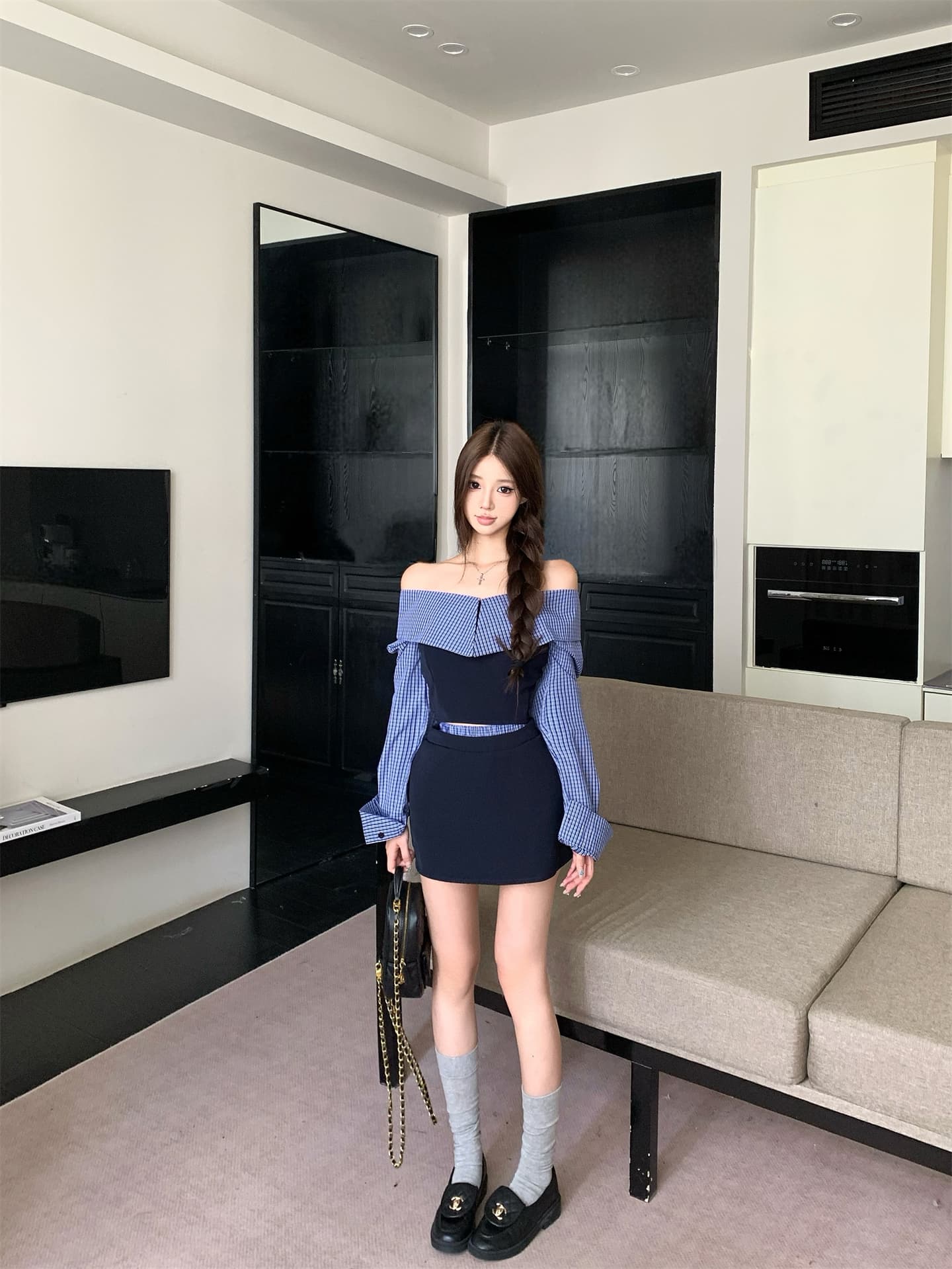 실사 이른 가을 패치워크 체크무늬 긴팔 여성 셔츠 디자인 센스 작은 대중 레트로 셔츠 오프숄더 맨위 상세 이미지 11