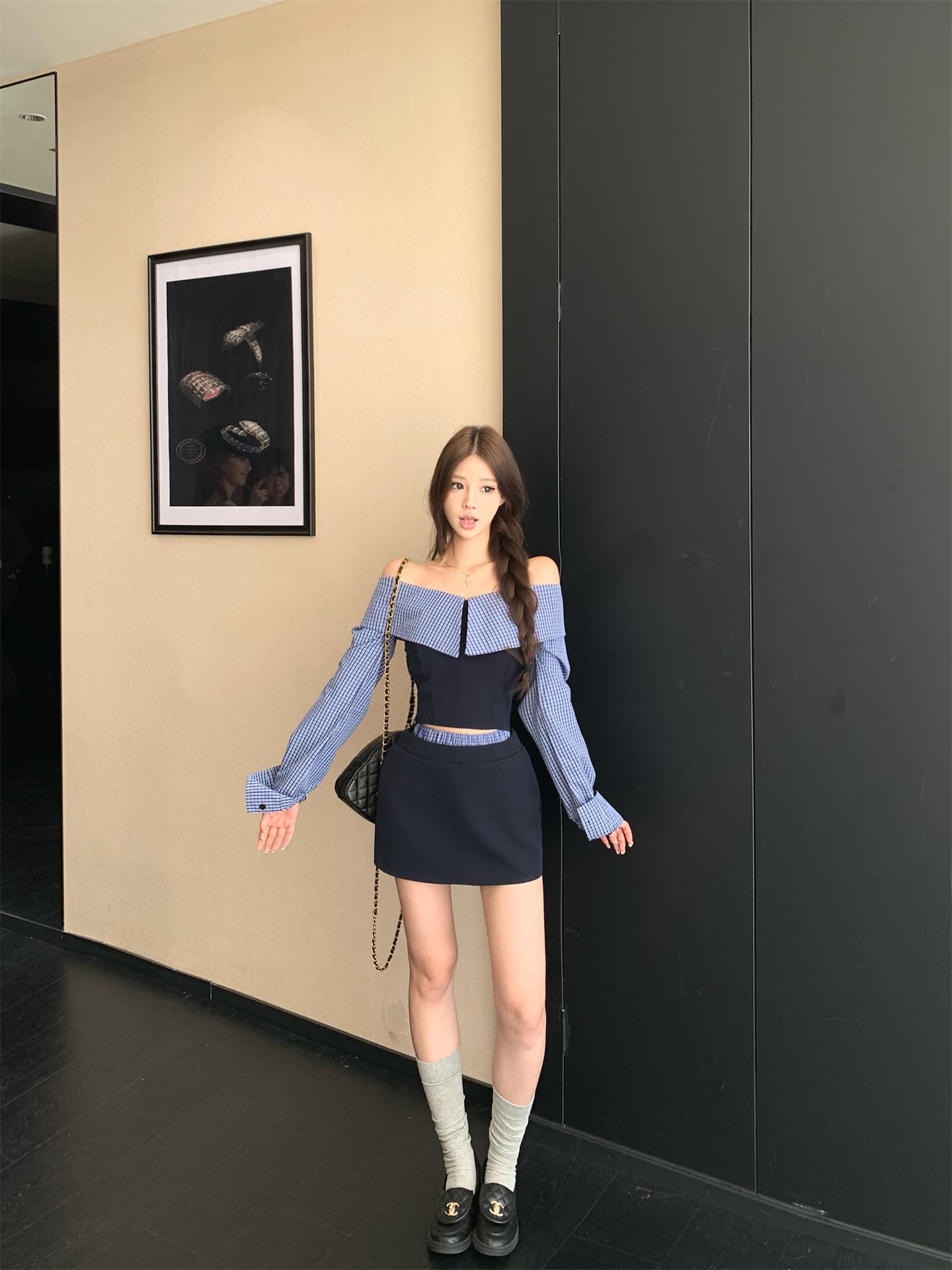 실사 이른 가을 패치워크 체크무늬 긴팔 여성 셔츠 디자인 센스 작은 대중 레트로 셔츠 오프숄더 맨위 상세 이미지 12