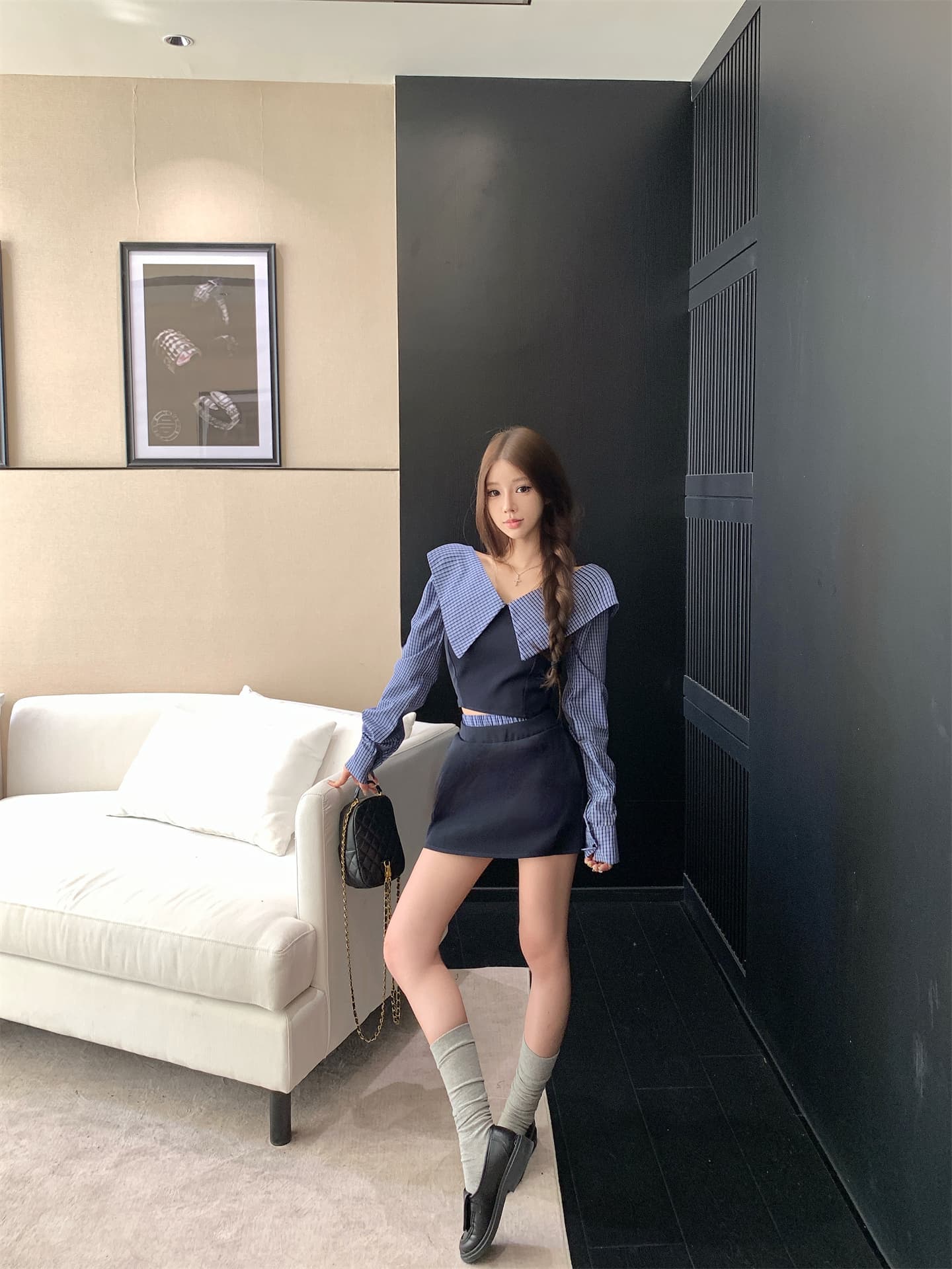 실사 이른 가을 패치워크 체크무늬 긴팔 여성 셔츠 디자인 센스 작은 대중 레트로 셔츠 오프숄더 맨위 상세 이미지 13