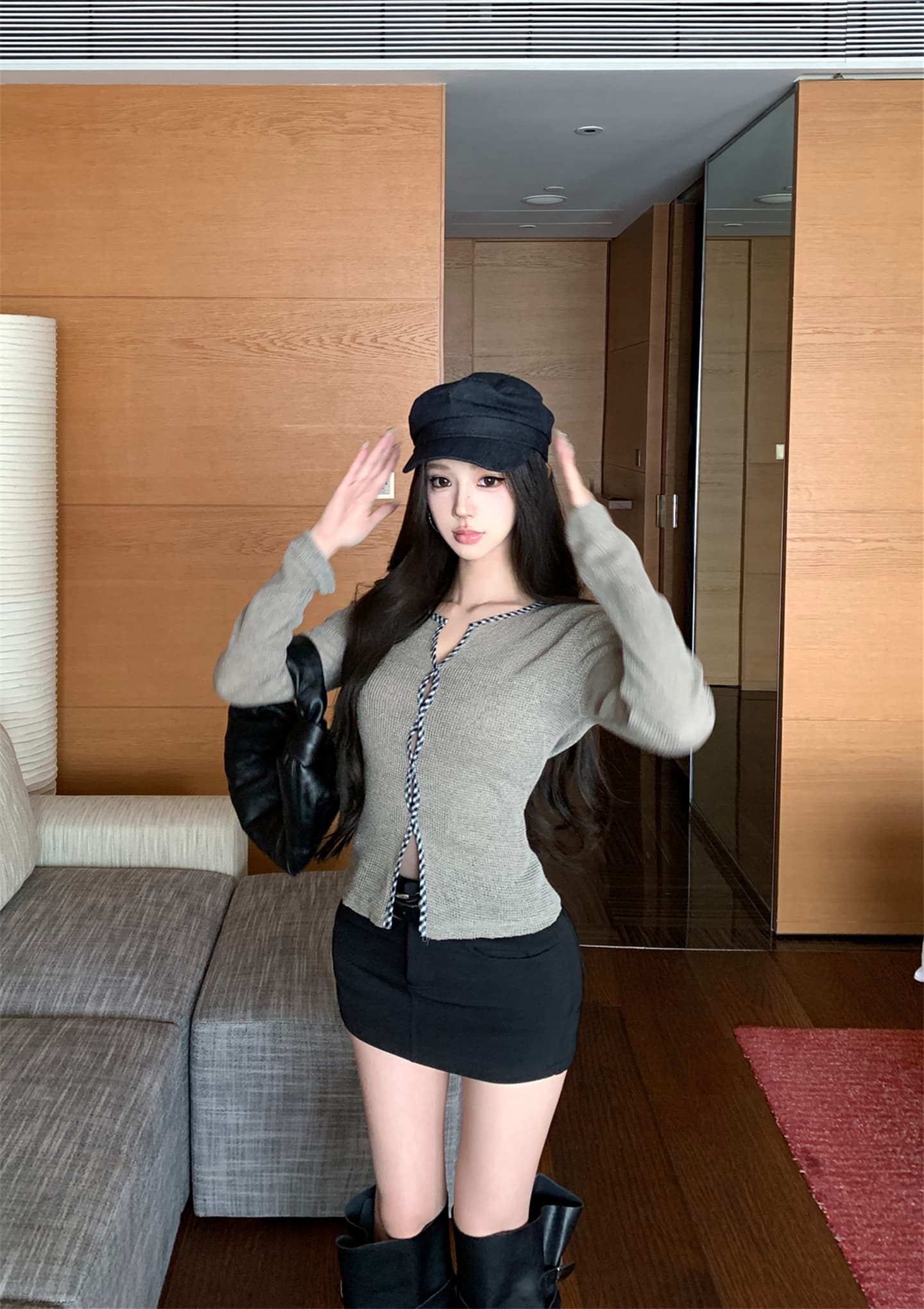 실사 이른 가을 해체주의 문 襟 체크무늬 비틀림 테두리 허리 수축 슬림해 보이는 니트 기본 셔츠 긴팔 맨위 이미지 3