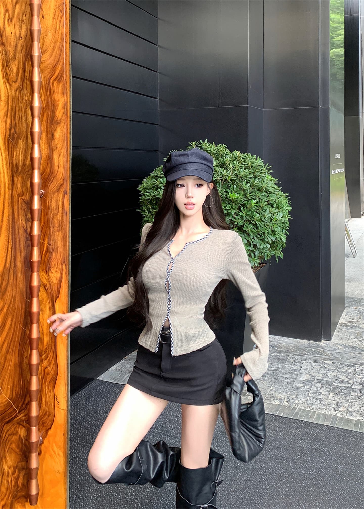 실사 이른 가을 해체주의 문 襟 체크무늬 비틀림 테두리 허리 수축 슬림해 보이는 니트 기본 셔츠 긴팔 맨위