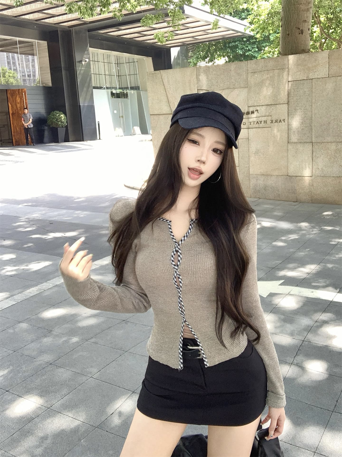 실사 이른 가을 해체주의 문 襟 체크무늬 비틀림 테두리 허리 수축 슬림해 보이는 니트 기본 셔츠 긴팔 맨위 상세 이미지 1