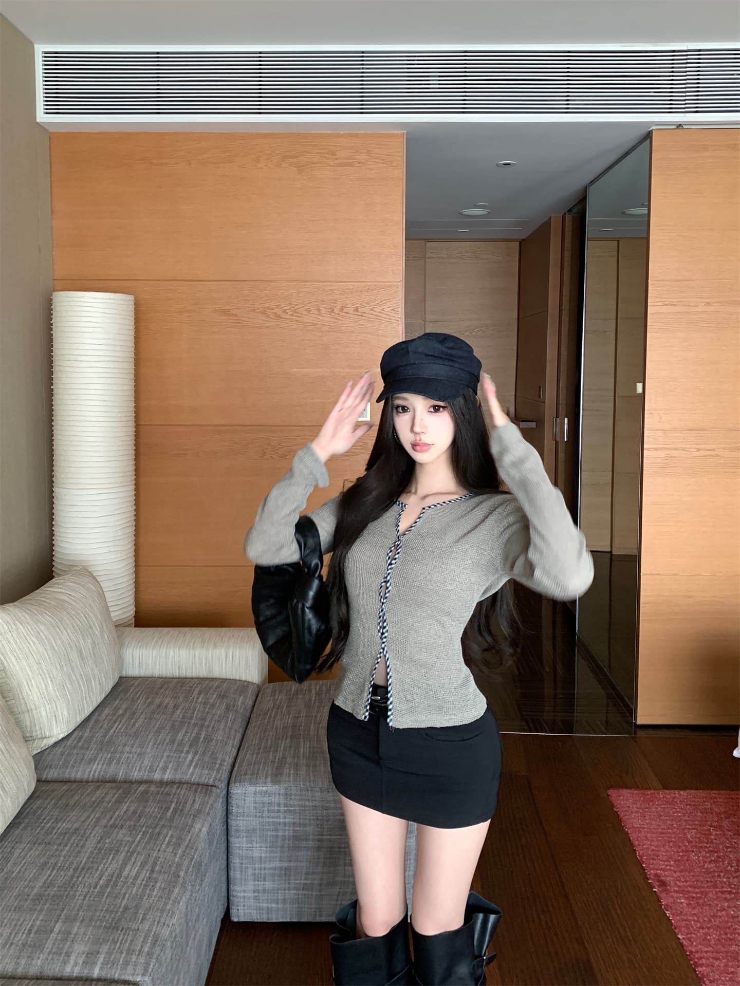 실사 이른 가을 해체주의 문 襟 체크무늬 비틀림 테두리 허리 수축 슬림해 보이는 니트 기본 셔츠 긴팔 맨위 상세 이미지 2