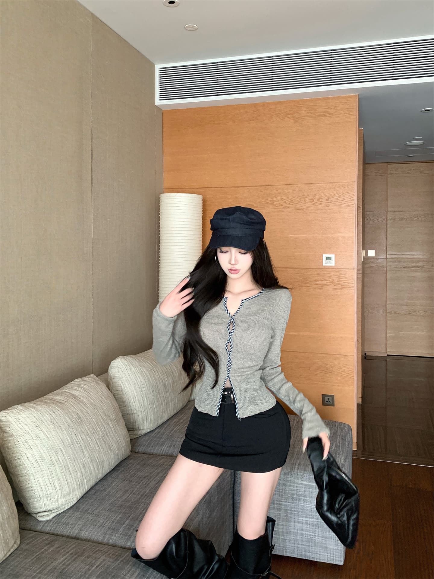 실사 이른 가을 해체주의 문 襟 체크무늬 비틀림 테두리 허리 수축 슬림해 보이는 니트 기본 셔츠 긴팔 맨위 상세 이미지 4