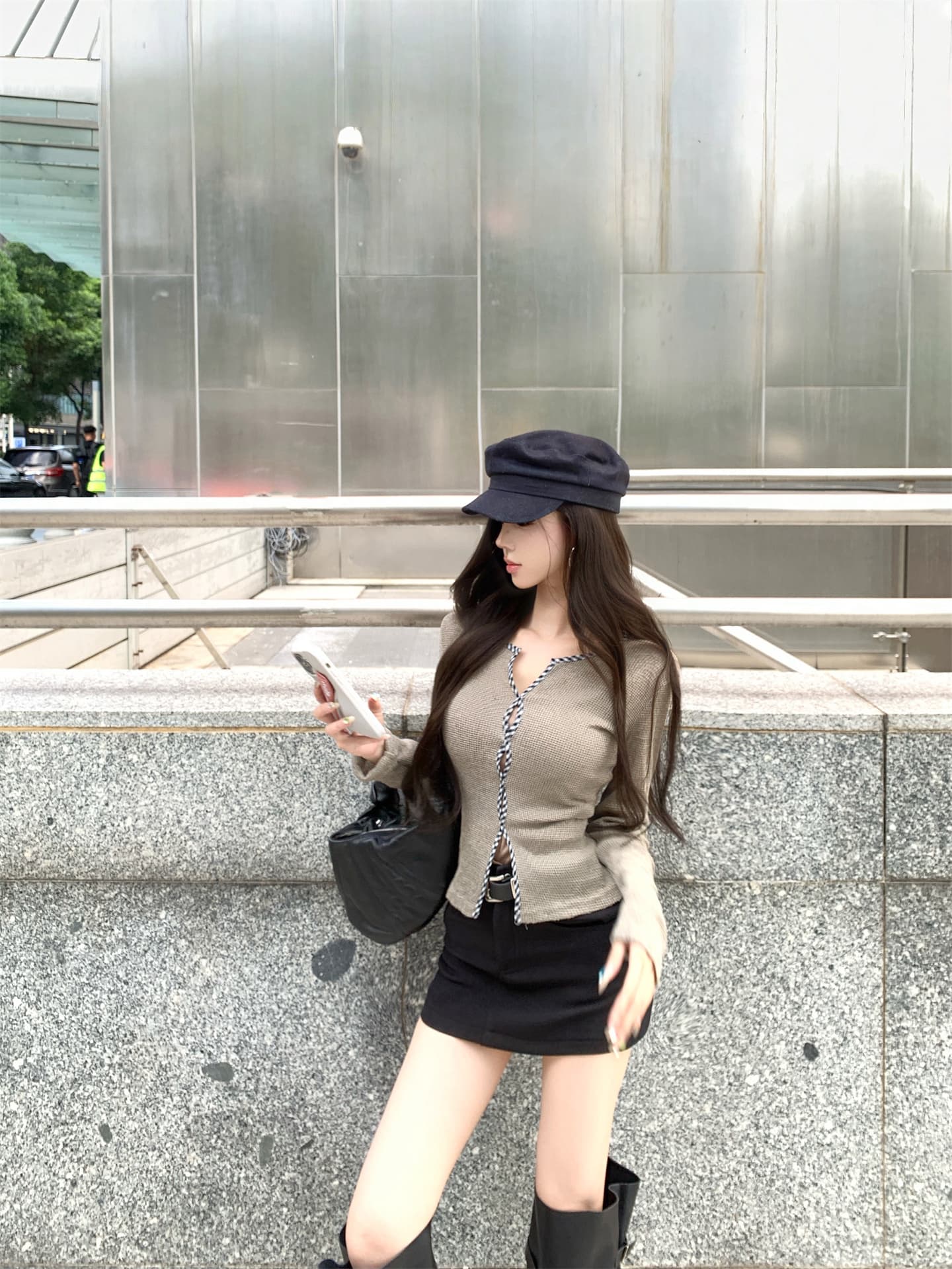 실사 이른 가을 해체주의 문 襟 체크무늬 비틀림 테두리 허리 수축 슬림해 보이는 니트 기본 셔츠 긴팔 맨위 상세 이미지 6