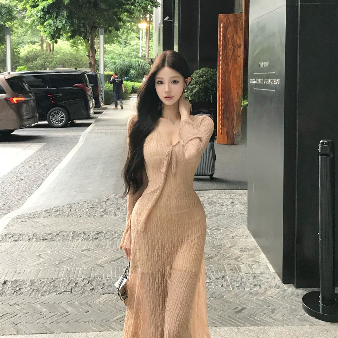 실사 이른 가을 어렴풋이 나타나면 ~ 중 미적 감각 드레스 레이스 레이스업 여성 레트로 분위기 긴팔 프랑스식 롱 스커트 이미지 5