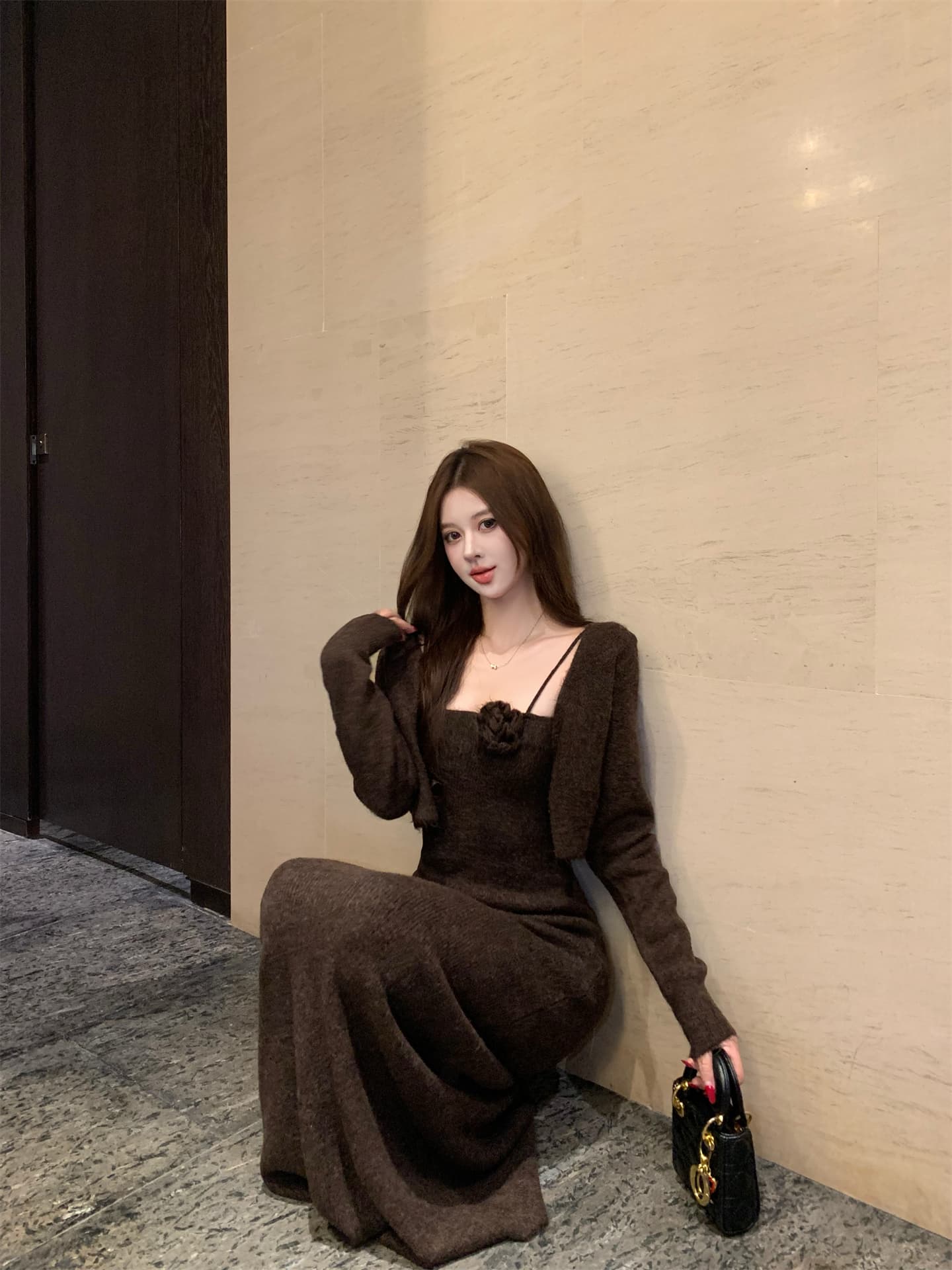 실사 가을 느긋한 바람 프랑스식 연령 감소 슬립 꽃 니트 드레스 고급 센스 몸매 가꾸기 롱 스커트 여성 상세 이미지 4