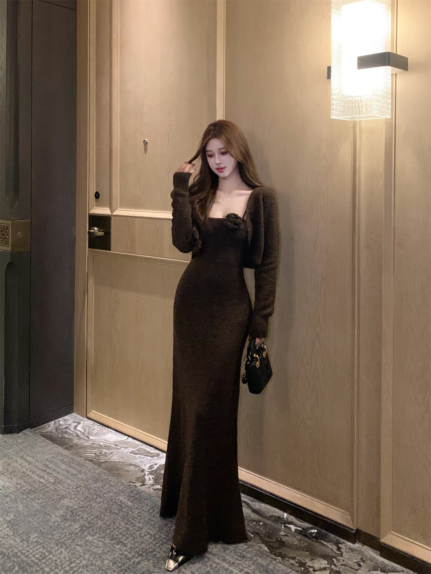 실사 가을 느긋한 바람 프랑스식 연령 감소 슬립 꽃 니트 드레스 고급 센스 몸매 가꾸기 롱 스커트 여성 상세 이미지 15