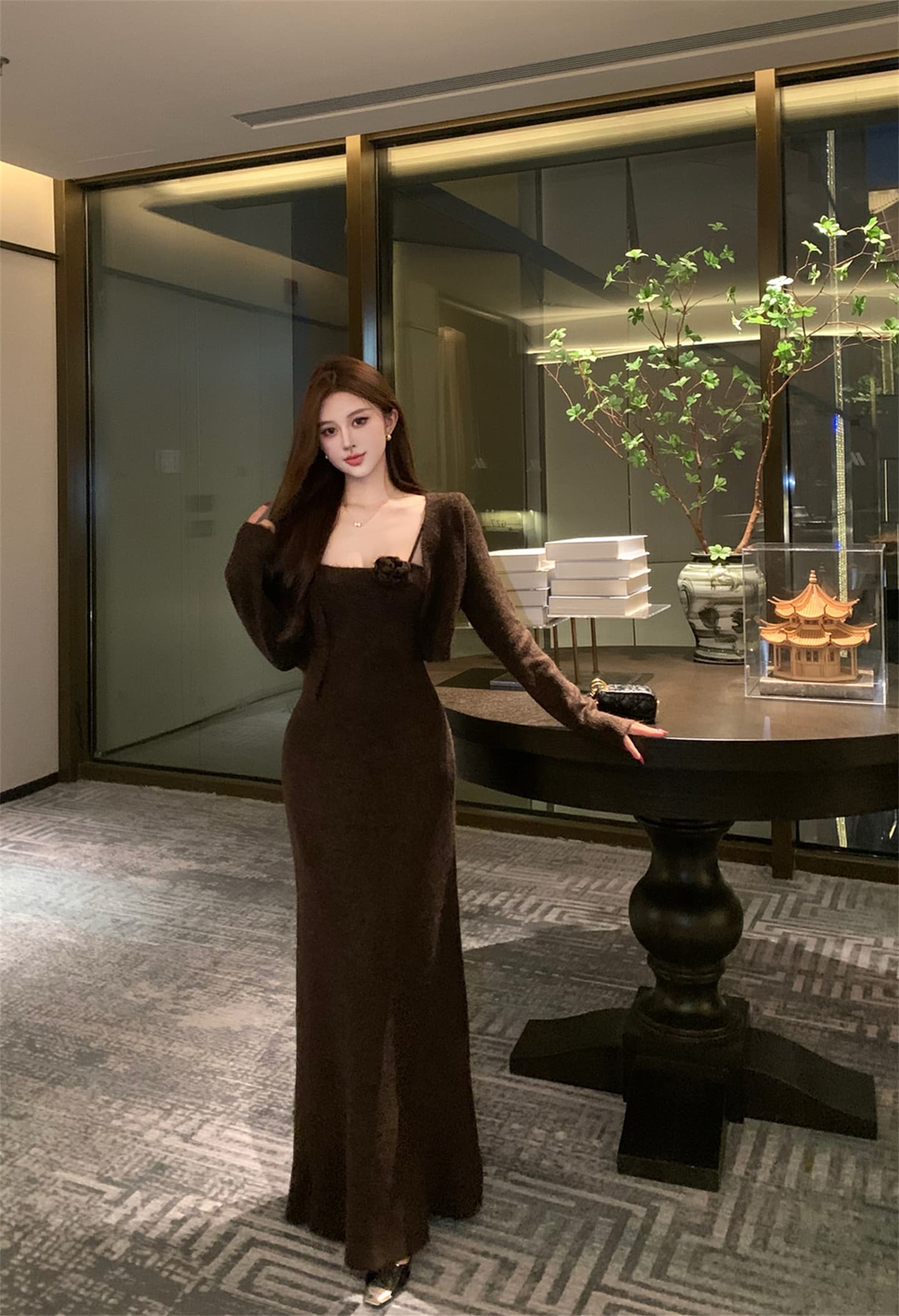 실사 가을 느긋한 바람 프랑스식 연령 감소 슬립 꽃 니트 드레스 고급 센스 몸매 가꾸기 롱 스커트 여성 이미지 3