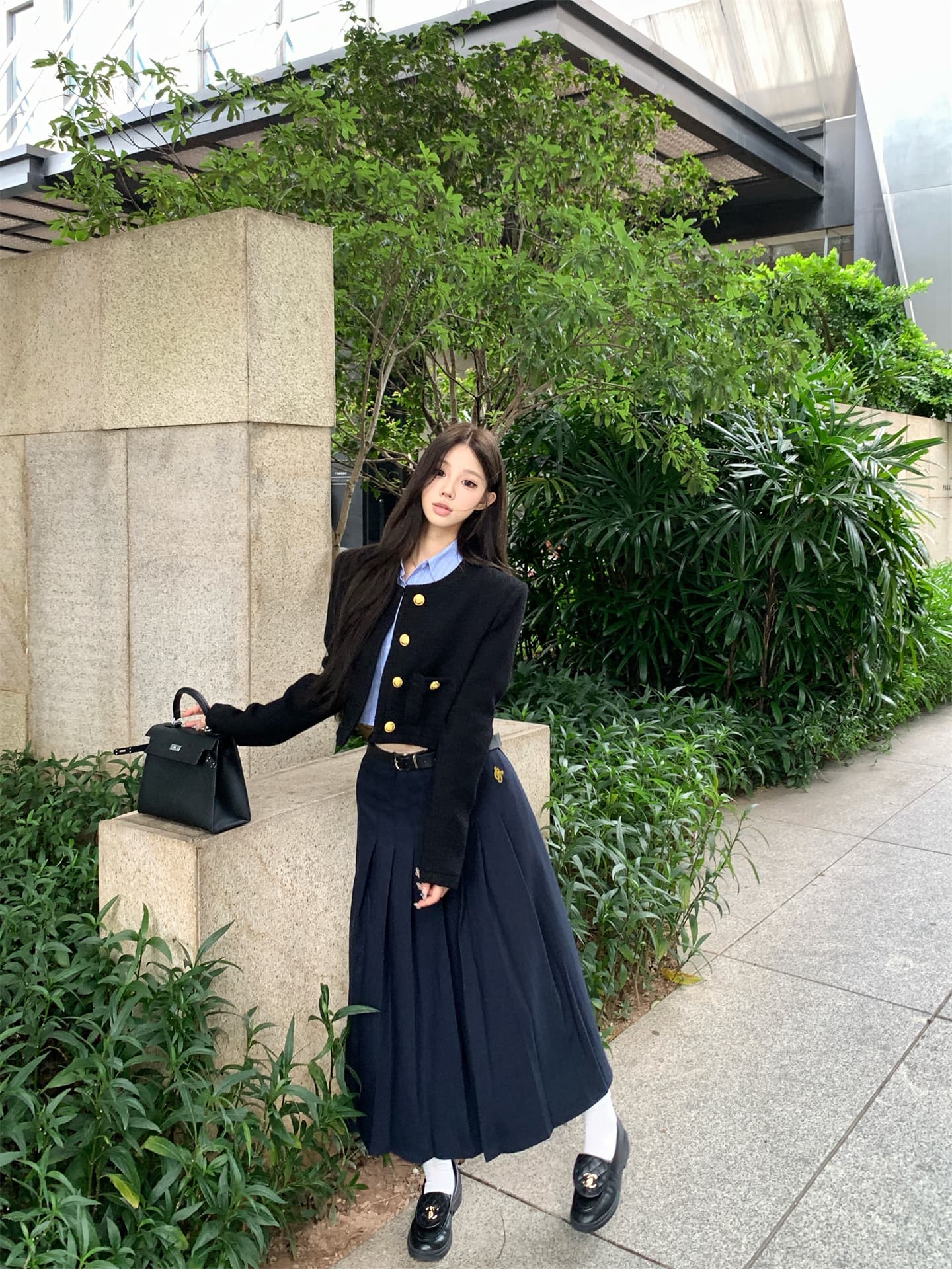 실사 가을 겨울 작은 샤넬 스타일 솜을 넣은 재킷 스트라이프 프랑스식 짧은 셔츠 품격 플리츠 도루 센스 롱 스커트 여성 이미지 2