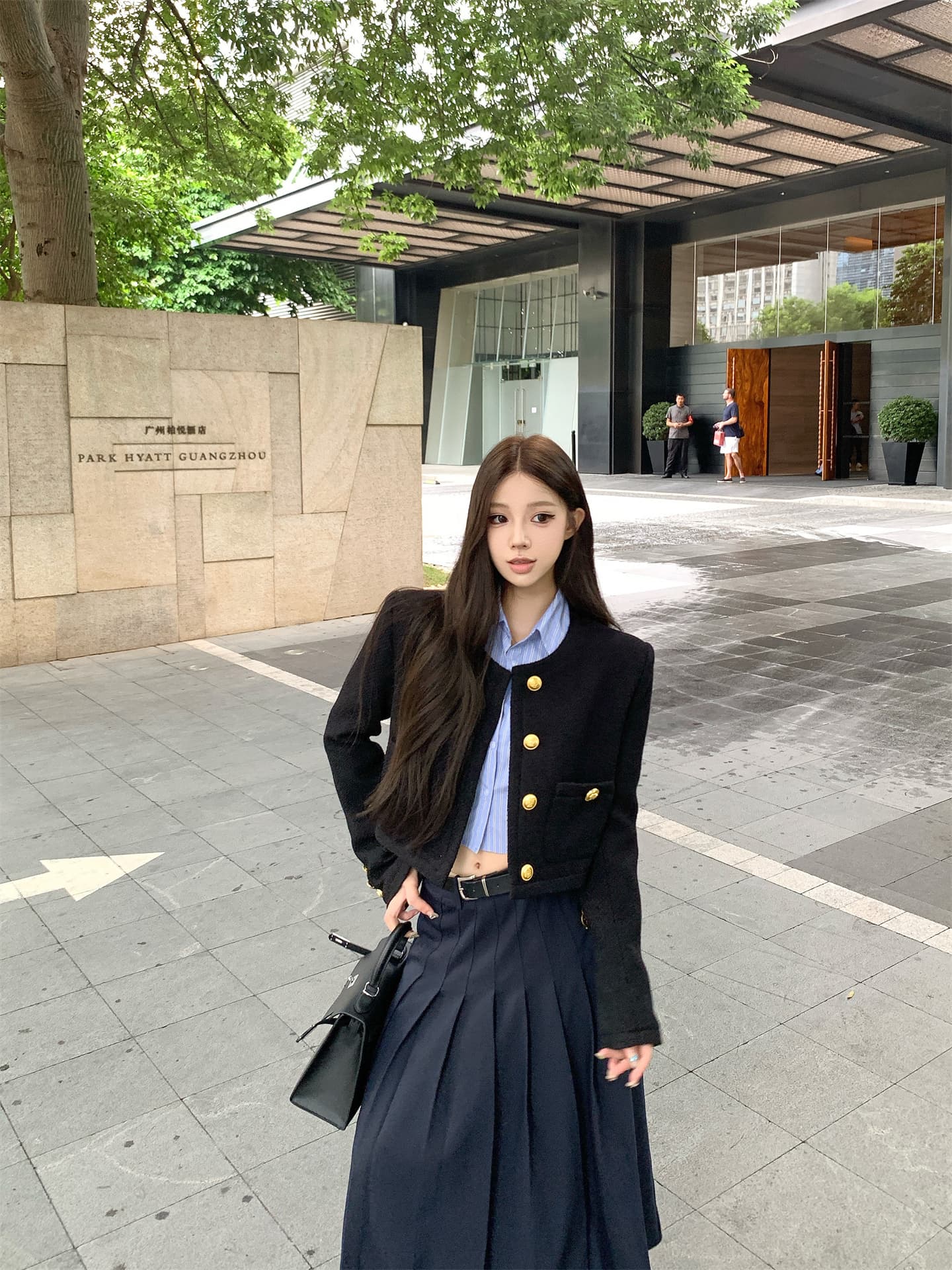 실사 가을 겨울 작은 샤넬 스타일 솜을 넣은 재킷 스트라이프 프랑스식 짧은 셔츠 품격 플리츠 도루 센스 롱 스커트 여성 이미지 3
