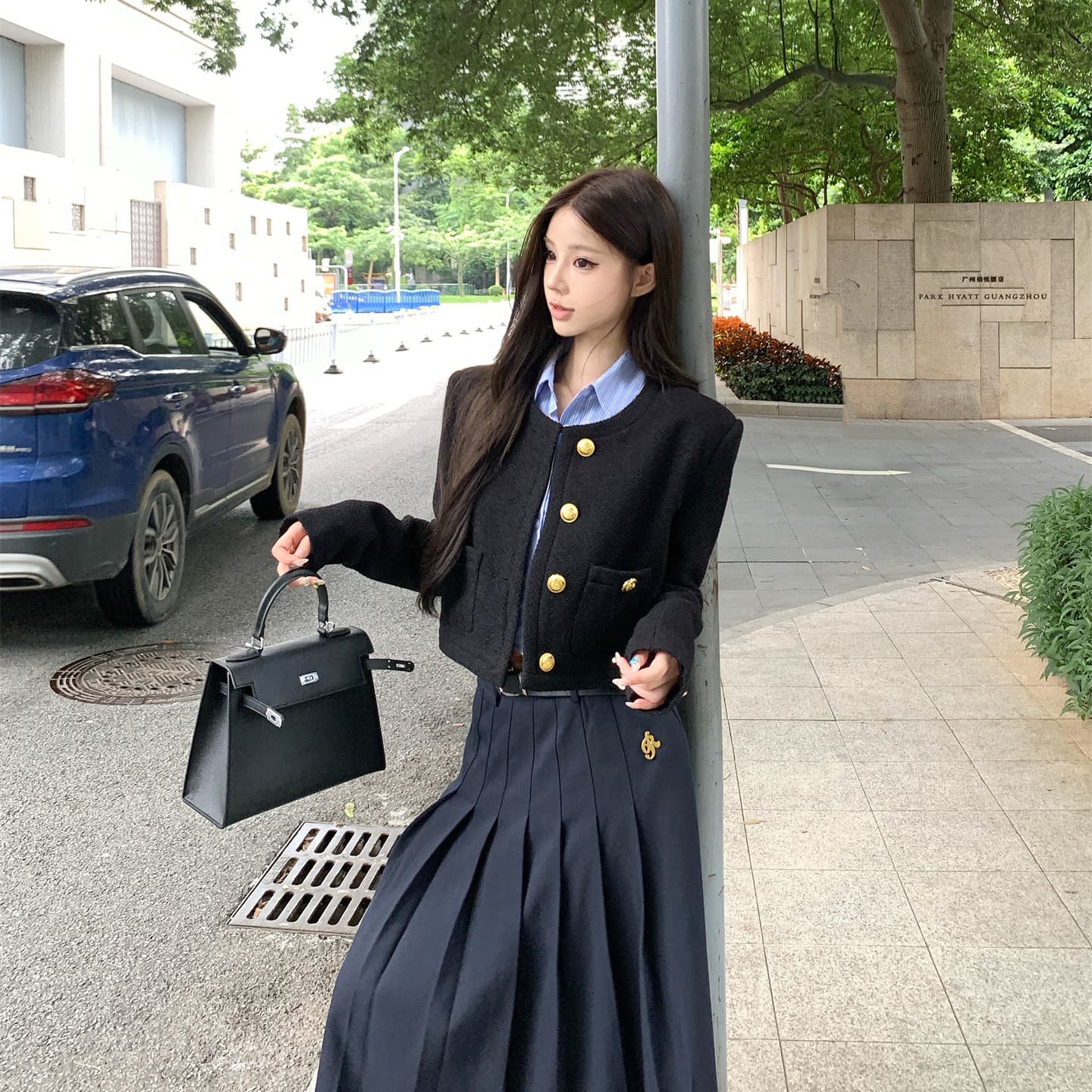 실사 가을 겨울 작은 샤넬 스타일 솜을 넣은 재킷 스트라이프 프랑스식 짧은 셔츠 품격 플리츠 도루 센스 롱 스커트 여성 이미지 5