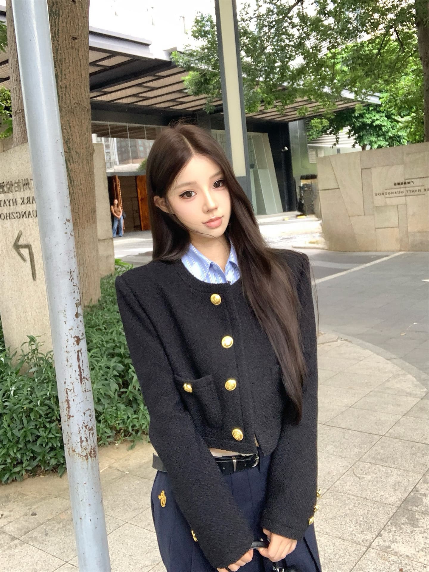 실사 가을 겨울 작은 샤넬 스타일 솜을 넣은 재킷 스트라이프 프랑스식 짧은 셔츠 품격 플리츠 도루 센스 롱 스커트 여성 상세 이미지 4