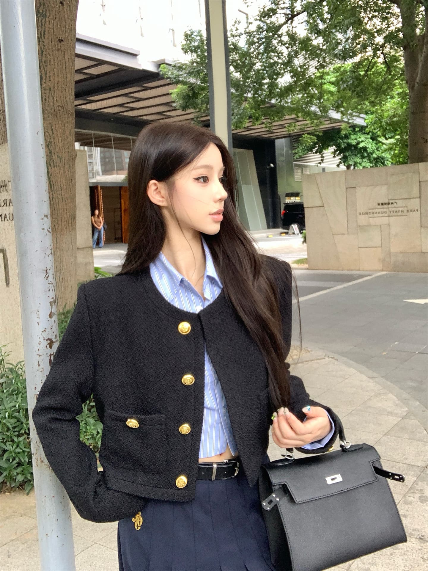 실사 가을 겨울 작은 샤넬 스타일 솜을 넣은 재킷 스트라이프 프랑스식 짧은 셔츠 품격 플리츠 도루 센스 롱 스커트 여성 상세 이미지 6