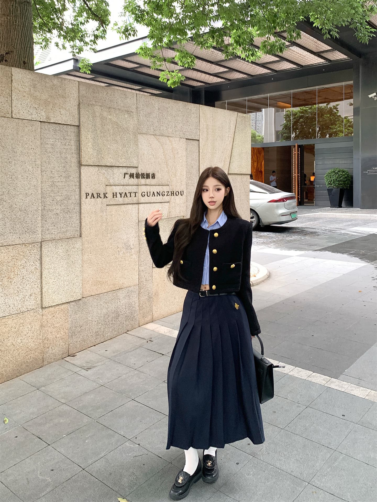 실사 가을 겨울 작은 샤넬 스타일 솜을 넣은 재킷 스트라이프 프랑스식 짧은 셔츠 품격 플리츠 도루 센스 롱 스커트 여성 상세 이미지 12