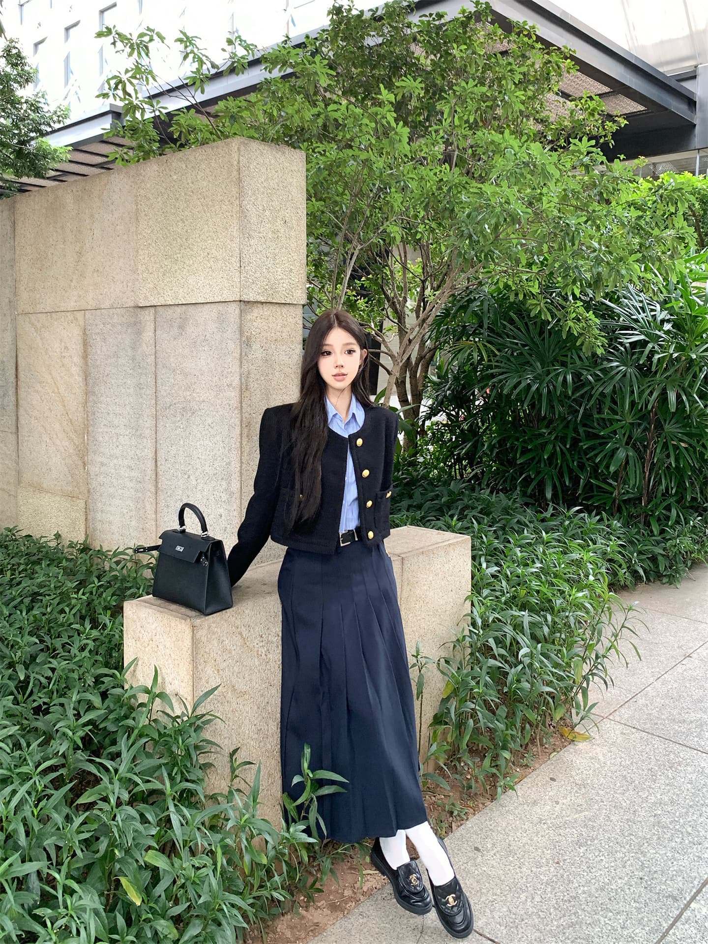 실사 가을 겨울 작은 샤넬 스타일 솜을 넣은 재킷 스트라이프 프랑스식 짧은 셔츠 품격 플리츠 도루 센스 롱 스커트 여성 상세 이미지 20
