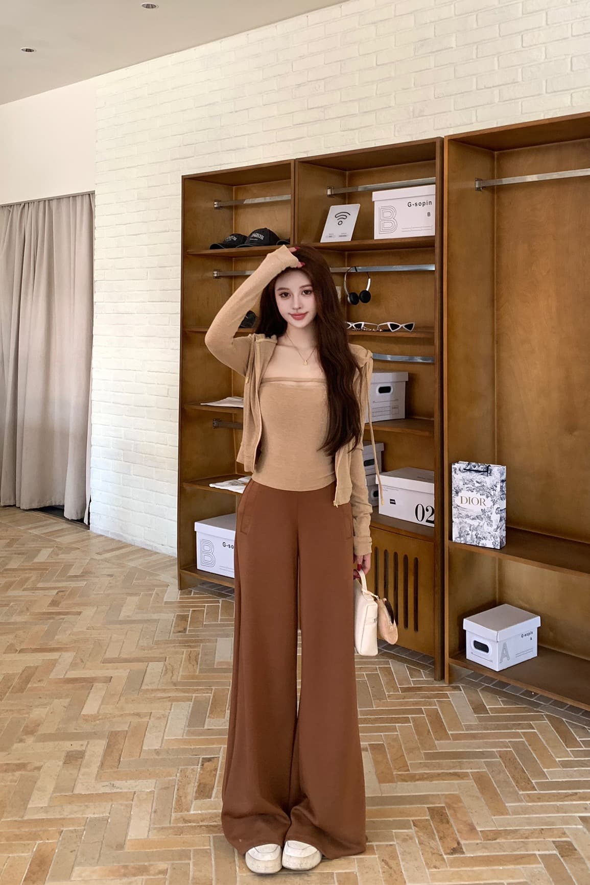 실사 이른 가을 닦아내 라. 가슴 안쪽 가져 가라. 조끼 지퍼 후드 재킷 공기 바지 캐주얼 바지 세 조각 여성 세트 이미지 6