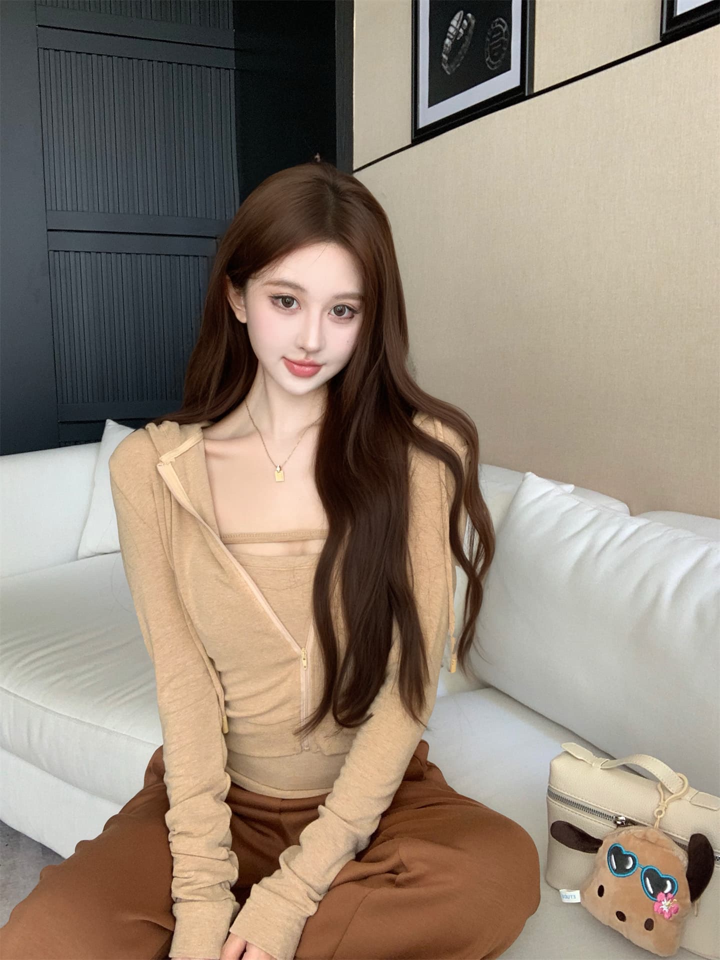 실사 이른 가을 닦아내 라. 가슴 안쪽 가져 가라. 조끼 지퍼 후드 재킷 공기 바지 캐주얼 바지 세 조각 여성 세트 상세 이미지 1