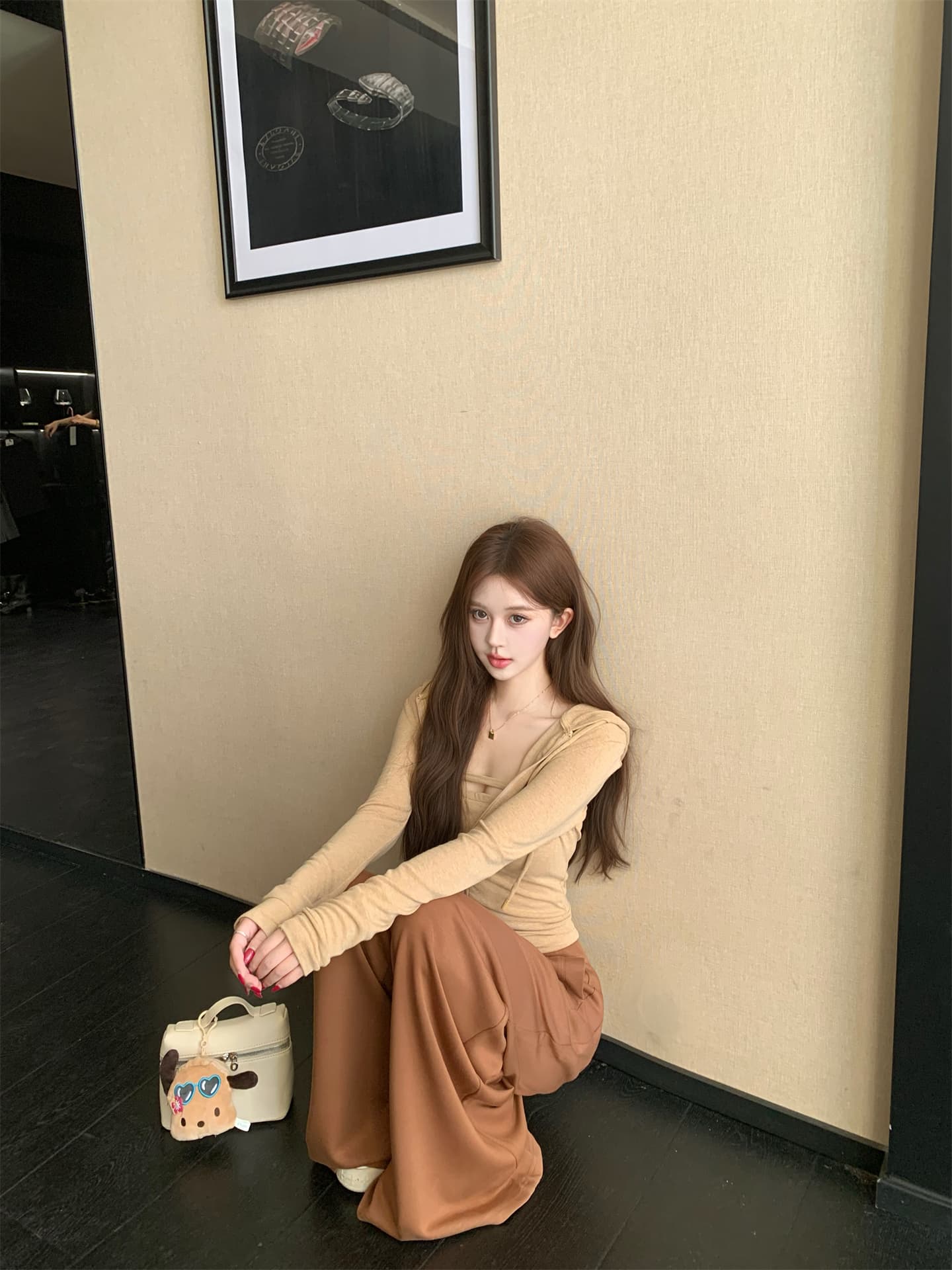 실사 이른 가을 닦아내 라. 가슴 안쪽 가져 가라. 조끼 지퍼 후드 재킷 공기 바지 캐주얼 바지 세 조각 여성 세트 상세 이미지 7