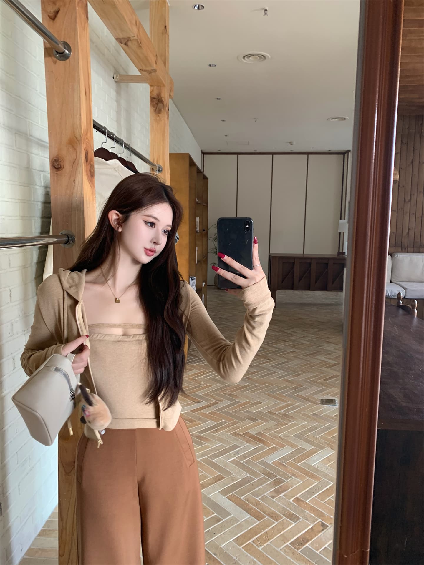 실사 이른 가을 닦아내 라. 가슴 안쪽 가져 가라. 조끼 지퍼 후드 재킷 공기 바지 캐주얼 바지 세 조각 여성 세트 상세 이미지 10