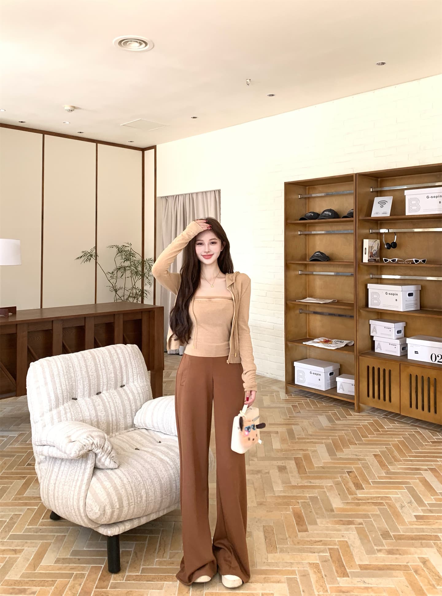 실사 이른 가을 닦아내 라. 가슴 안쪽 가져 가라. 조끼 지퍼 후드 재킷 공기 바지 캐주얼 바지 세 조각 여성 세트 상세 이미지 14