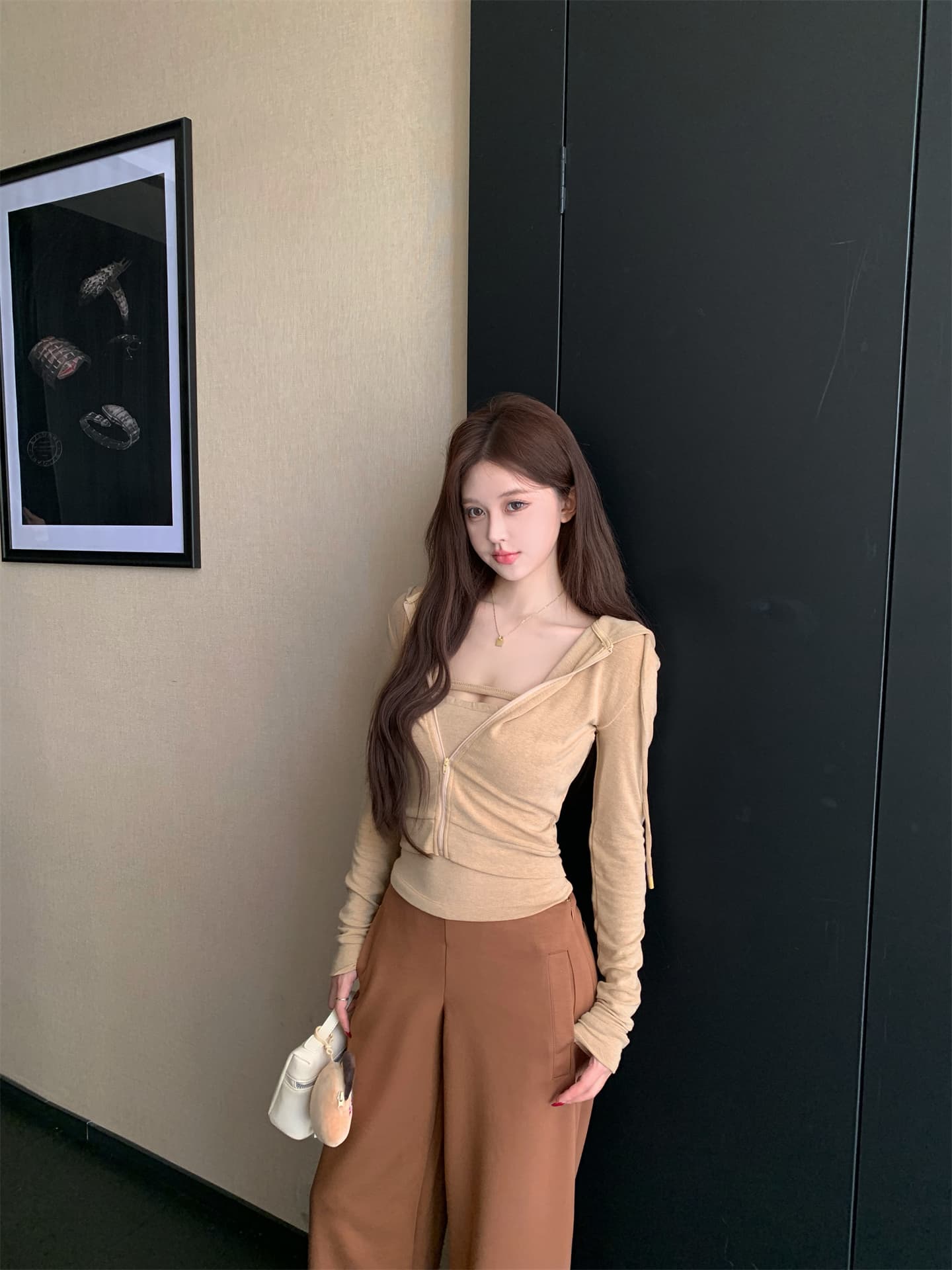 실사 이른 가을 닦아내 라. 가슴 안쪽 가져 가라. 조끼 지퍼 후드 재킷 공기 바지 캐주얼 바지 세 조각 여성 세트 상세 이미지 17