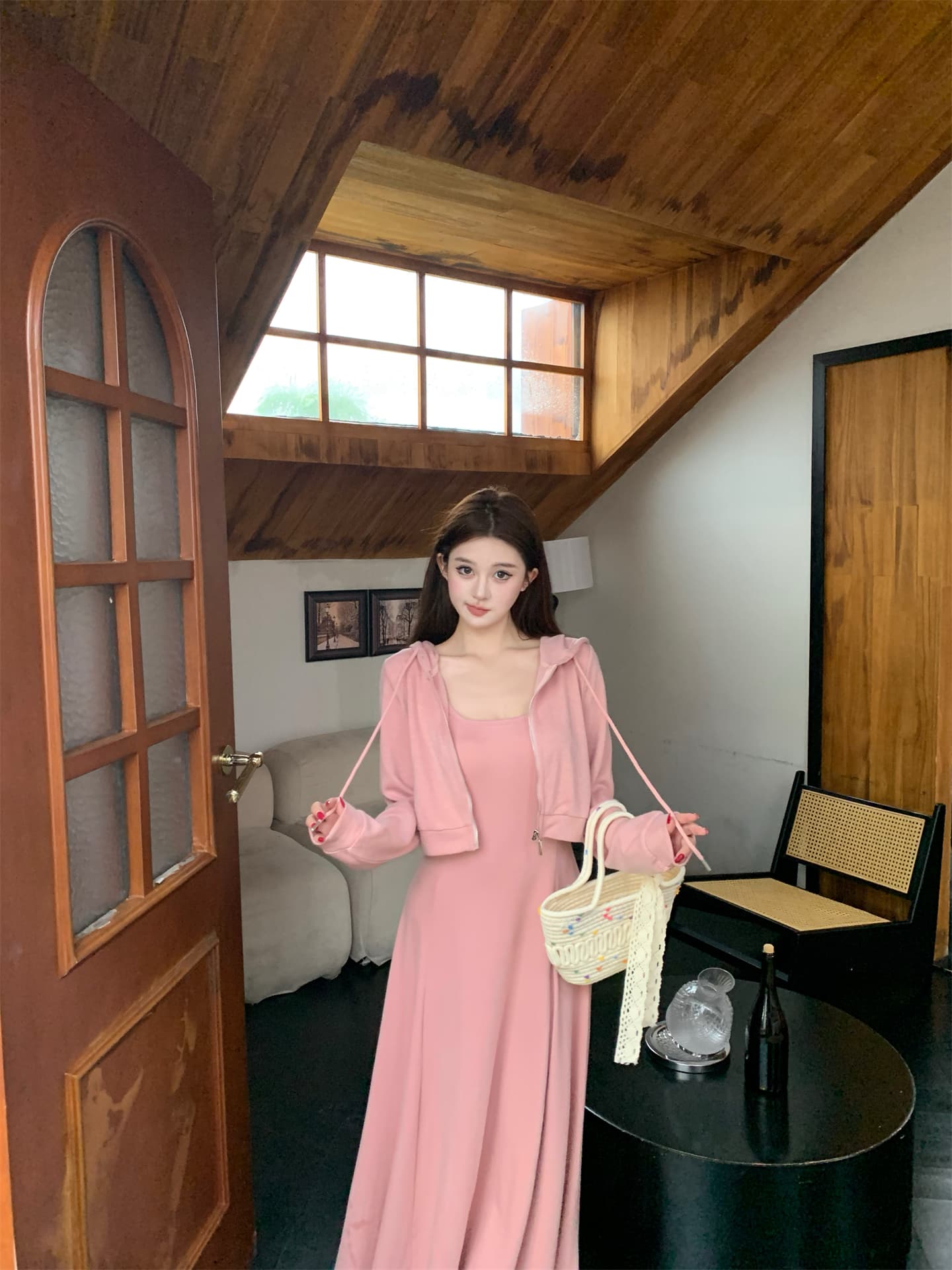 실사 이른 가을 순수한 욕망 u 칼라 몸매 가꾸기 허리 수축 단색 슬립 드레스 디자인 센스 지퍼 오픈 가디건 여성 코트