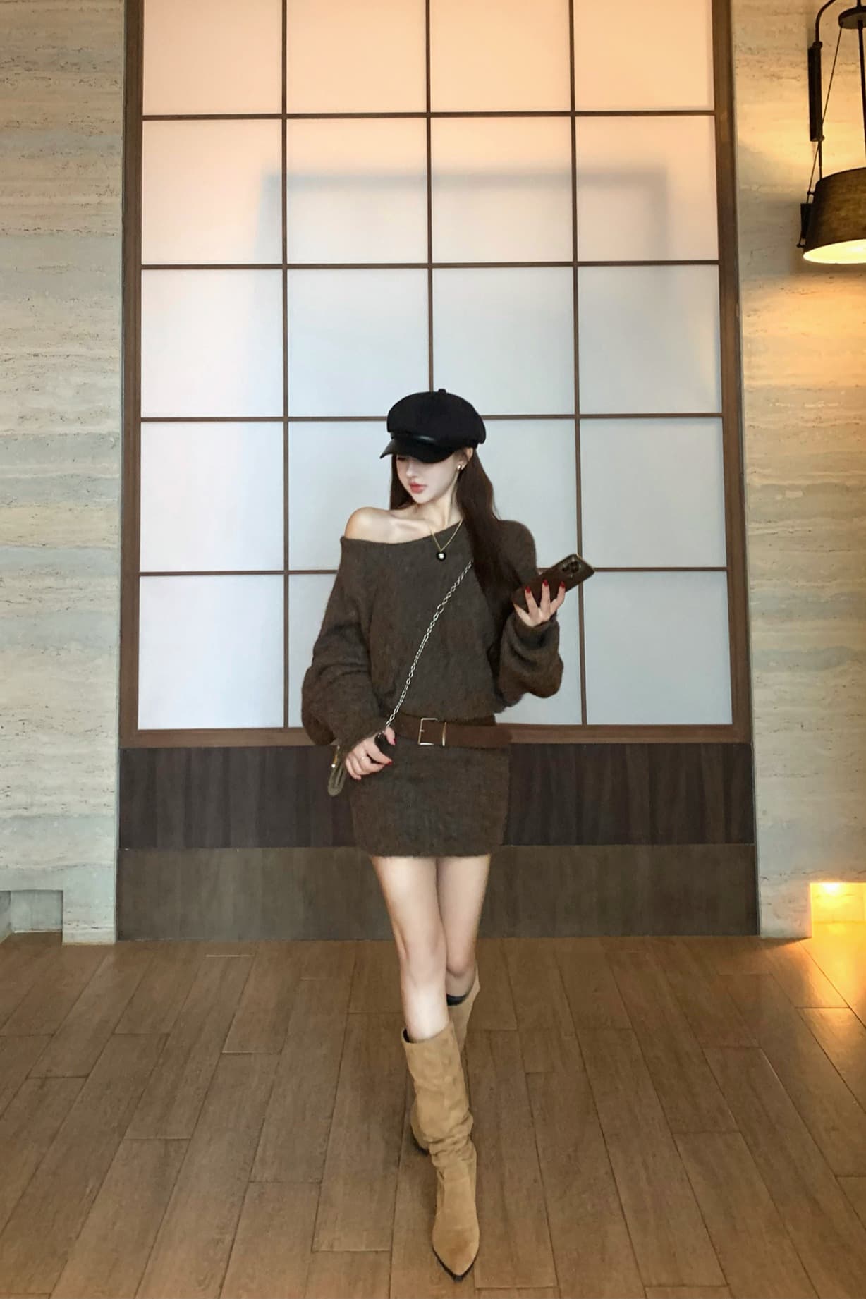 실사 가을 겨울 품격 느긋한 배트윙 소매 오프숄더 섹시함 핫걸 몸매 가꾸기 스웨터 원피스 경기 벨트 이미지 6