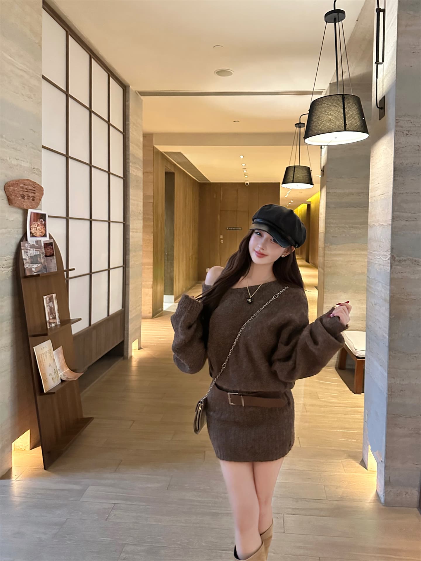 실사 가을 겨울 품격 느긋한 배트윙 소매 오프숄더 섹시함 핫걸 몸매 가꾸기 스웨터 원피스 경기 벨트 상세 이미지 3