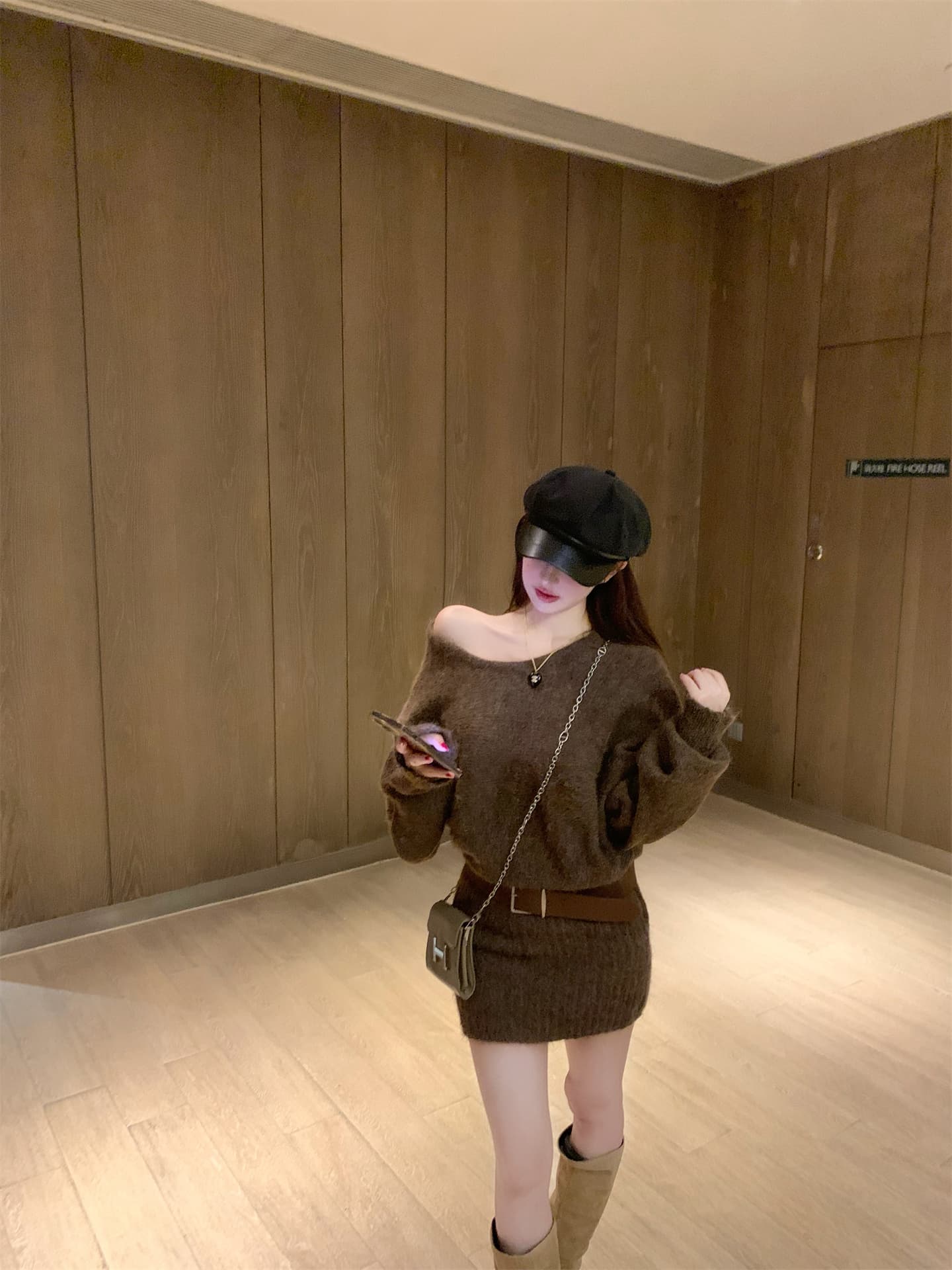 실사 가을 겨울 품격 느긋한 배트윙 소매 오프숄더 섹시함 핫걸 몸매 가꾸기 스웨터 원피스 경기 벨트 상세 이미지 15
