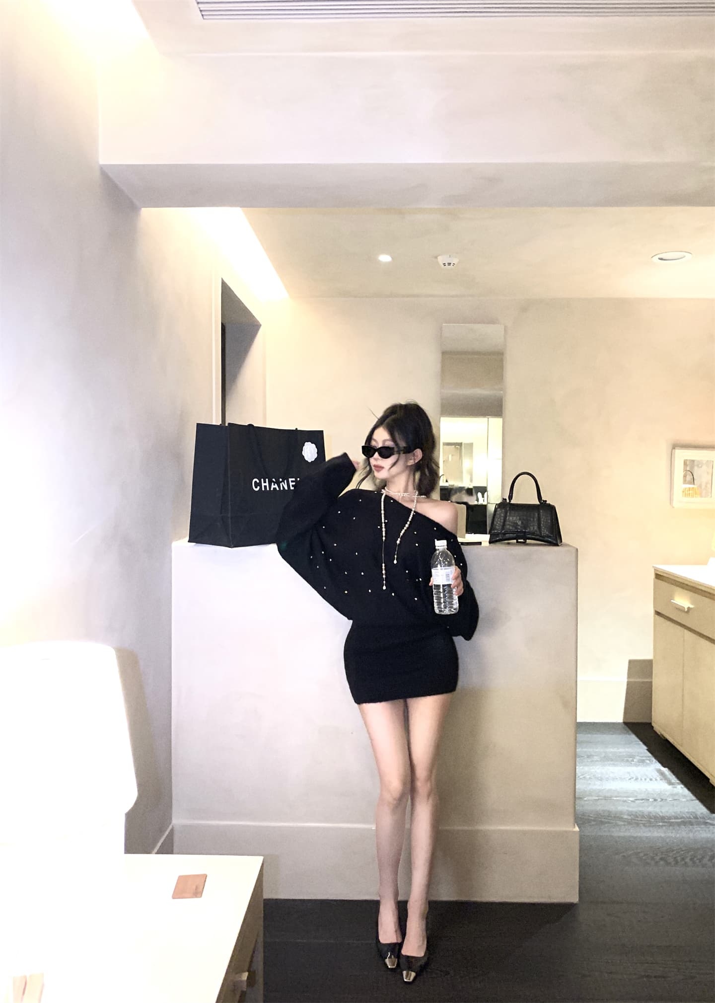 실사 가을 겨울 새로운 불규칙 네클라인 벨트 훈련 훈련 느슨함 센스 배트윙 소매 풀오버 니트 여성 드레스 상세 이미지 26